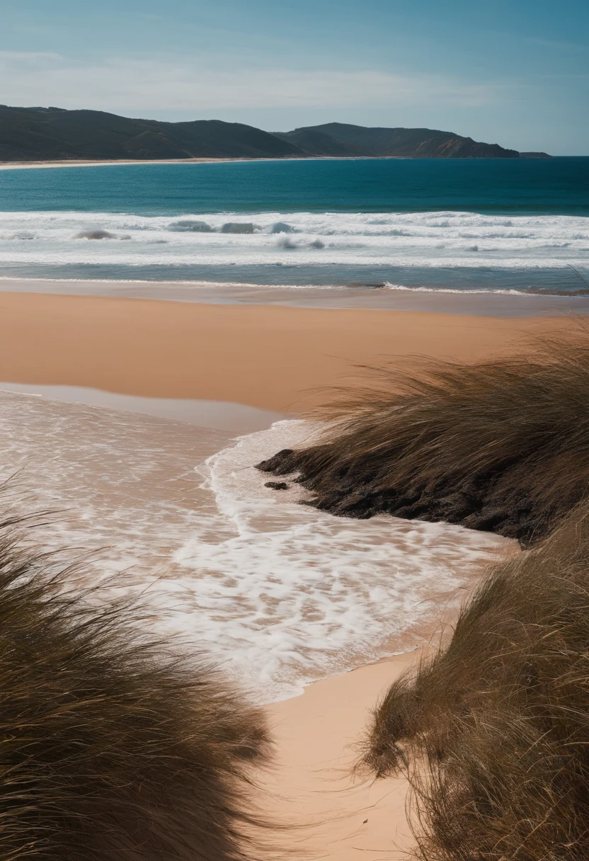 Uma garota ruiva e um garoto de cabelo preto olhando para o mar. The beach is empty and there are only the two of them on the beach. The sky is blue and the sand is clear.