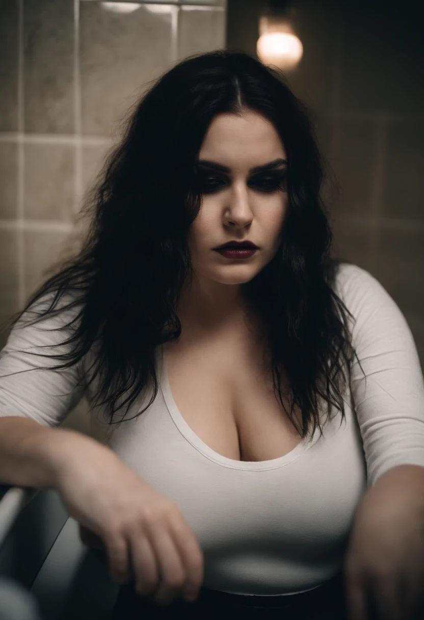 Sexy gothic thicc girl on the toilet drooling, sweaty, pale, messy hair