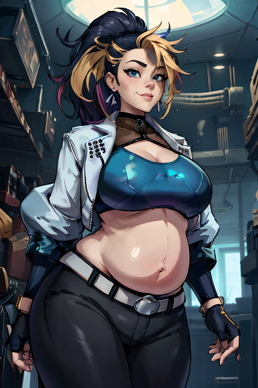 masterpiece, best quality, highres, akali, 1girl, k/da \(league of legends\), solo, (black hair:1.1), blonde hair, (multicolored hair:1.1), jewelry, fingerless gloves, cropped jacket, midriff, earrings, two-tone hair, open jacket, black gloves, black pants, crop top, blue eyes, belt buckle, ponytail, cowboy shot, evil smile,(thicc:0.5), (WeightImmobile:1.3), (obese:1.2) (round face:1.3), huge belly, wide hips, from below, discoelysium, legs spread, muffin top, pudgy, Big Baby Bump pregnant, Big boobs, Big pregnant Belly, Big Pregnant girl, Largest Belly of Pregnant, Huge Pregnancy, Huge 9 months Pregnancy Belly, huge belly expansion, huge belly girl