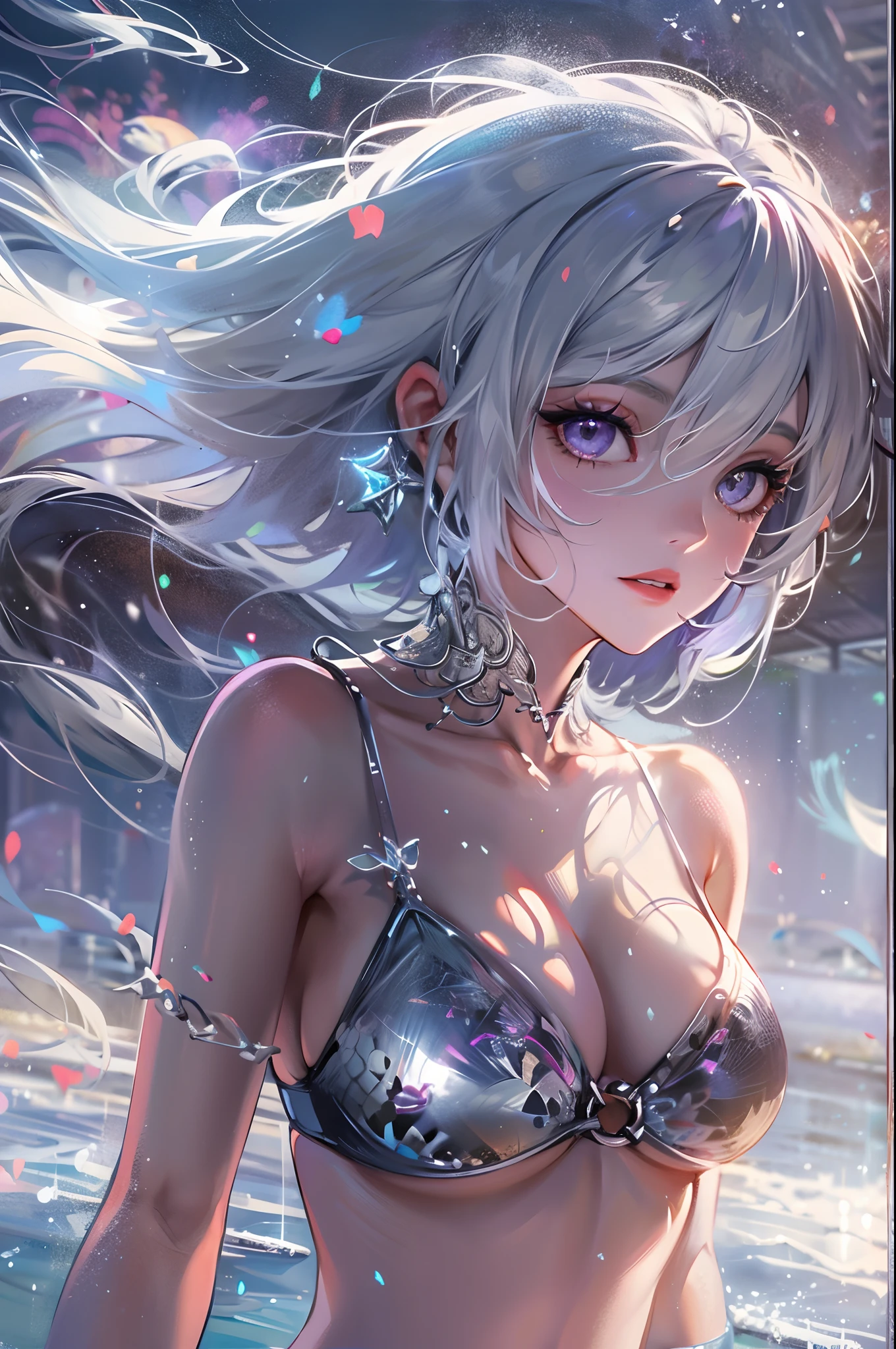 realistic, 1girl, white hair, purple eyes, bikini, beach, light particles, light rays, wallpaper,