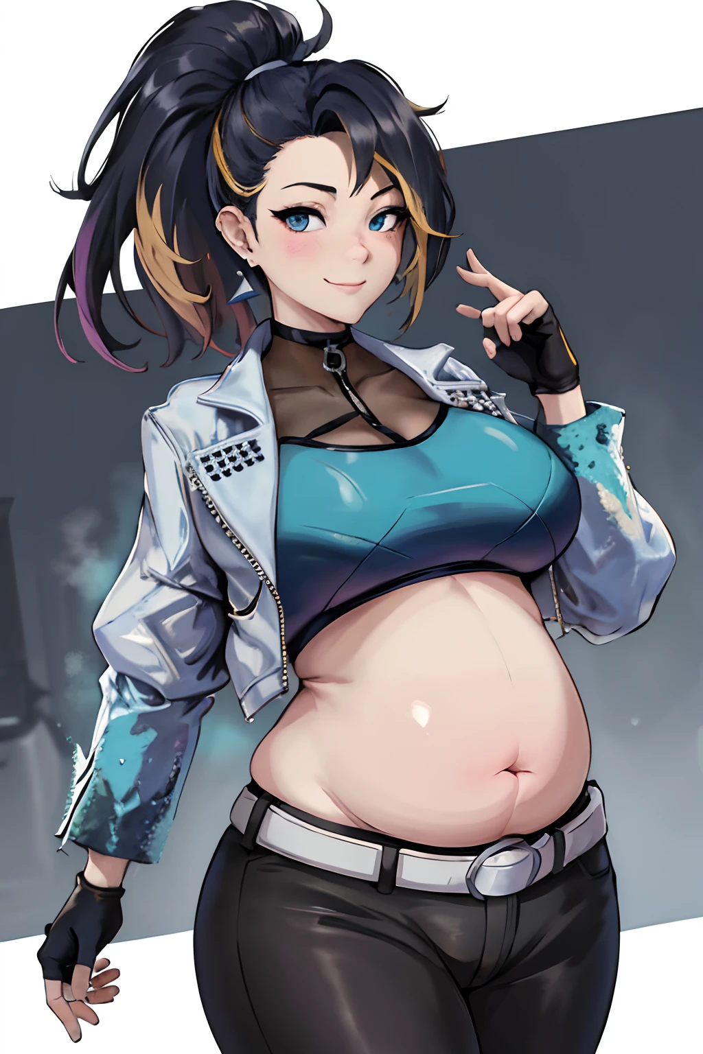 masterpiece, best quality, highres, akali, 1girl, k/da \(league of legends\), solo,  (black hair:1.1), blonde hair, (multicolored hair:1.1), jewelry, fingerless gloves, cropped jacket, midriff, earrings, two-tone hair, open jacket, black gloves, black pants, crop top, blue eyes, belt buckle, ponytail, cowboy shot, evil smile,(thicc:0.5), (WeightImmobile:1.3), (obese:1.2) (round face:1.3), huge belly, wide hips, from below, discoelysium, legs spread, muffin top, pudgy, Big Baby Bump pregnant, Big boobs, Big pregnant Belly, Big Pregnant girl, Largest Belly of Pregnant, Huge Pregnancy, Huge 9 months Pregnancy Belly, huge belly expansion, huge belly girl