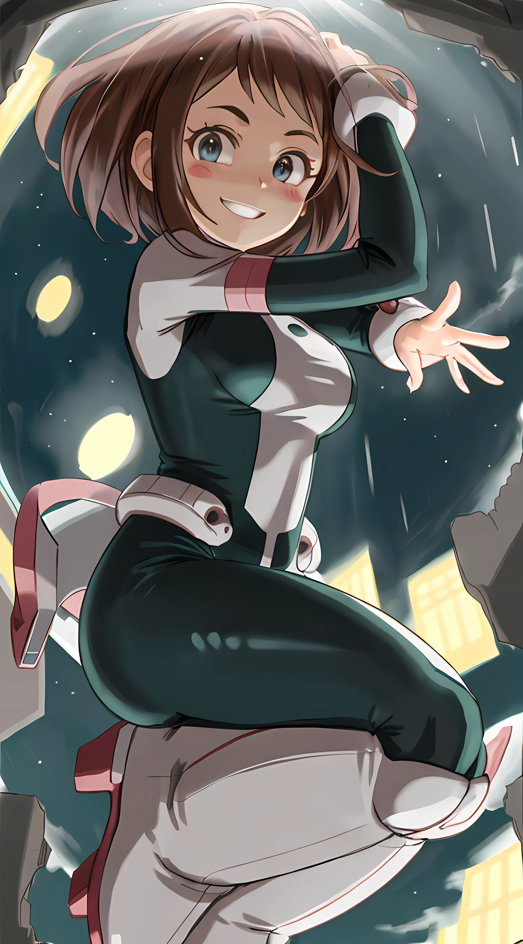[ochako], [Boku no hero academia], ((masterpiece)), ((HD)), ((high quality)), ((solo portrait)), ((front view)), ((full body)), ((anime)), ((Kohei Horikoshi)), ((detailed shading)), ((cel shading)), ((intricate details)), ((cinematic lighting)), {ochako, (rosy cheeks), (cute round blue eyes), long dark green hair, short eyelashes, large boobs, (gorgeous hips), (beautiful legs), (smiling)}, {(bodysuit), (white and black form fitting suit), (oversized rounded boots)}, {(floating), (head tilted), (looking at viewer) (fisheye lens)}, [Background; (raining), (above open street), (cloudy sky), (sun rays)]