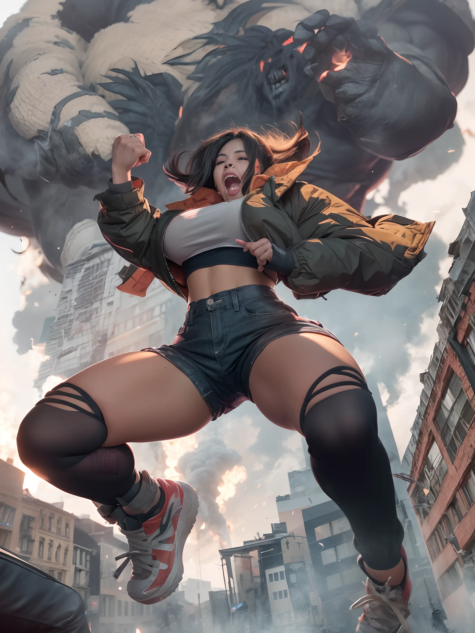 Giant Akari in crop top and jacket, Barefoot, a beauty girl、beautiful countenance、huge tit、beauty legs、well-muscled、athletic bodies, gts city, city buildings, Smoke coming from a broken building, Confront evil black smoke and assimilating monsters、Screaming and fighting、Fighting Poses