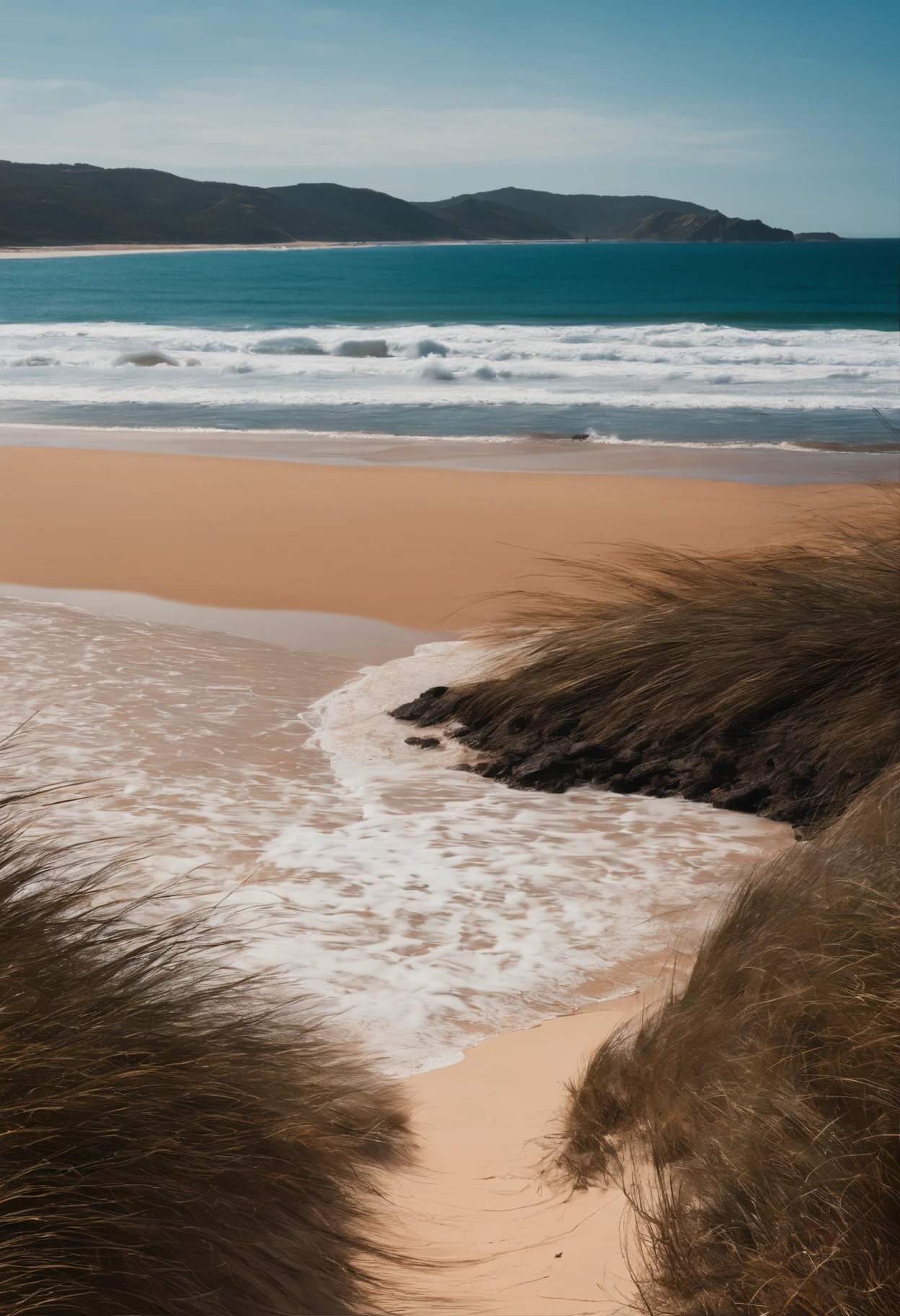 Uma garota ruiva e um garoto de cabelo preto olhando para o mar. The beach is empty and there are only the two of them on the beach. The sky is blue and the sand is clear.