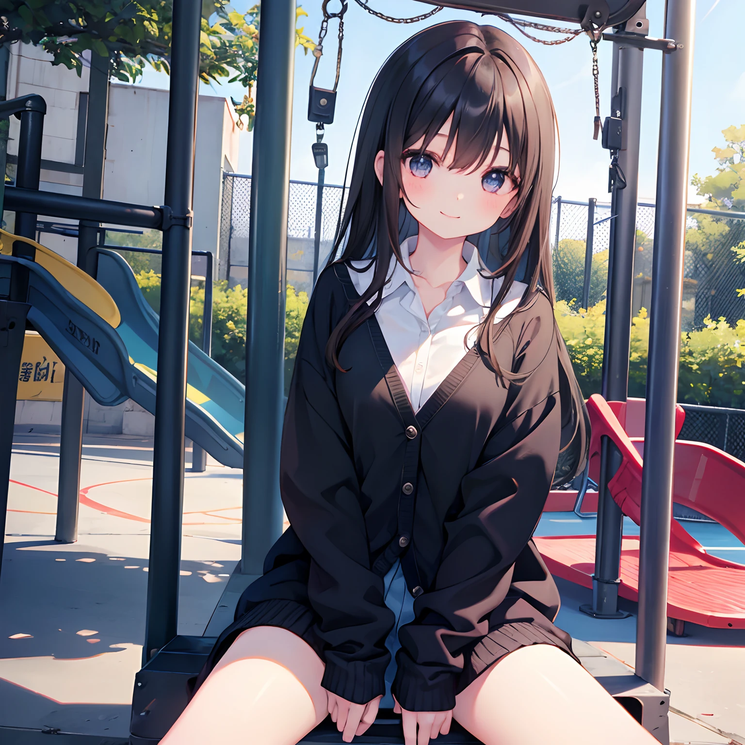 ((highest quality, 8K, Idol Master: 1.3, RAW photo)), sharp focus 1.1),,shibuya rin,beautiful face, ((green eyes))((eye highlights))highly detailed face, ((loose socks)),black hair straight(wave hands) (Uniform 1.5), ((Sit on the steps of the station)),(show panties:1.1), from the front, loafers,whole body