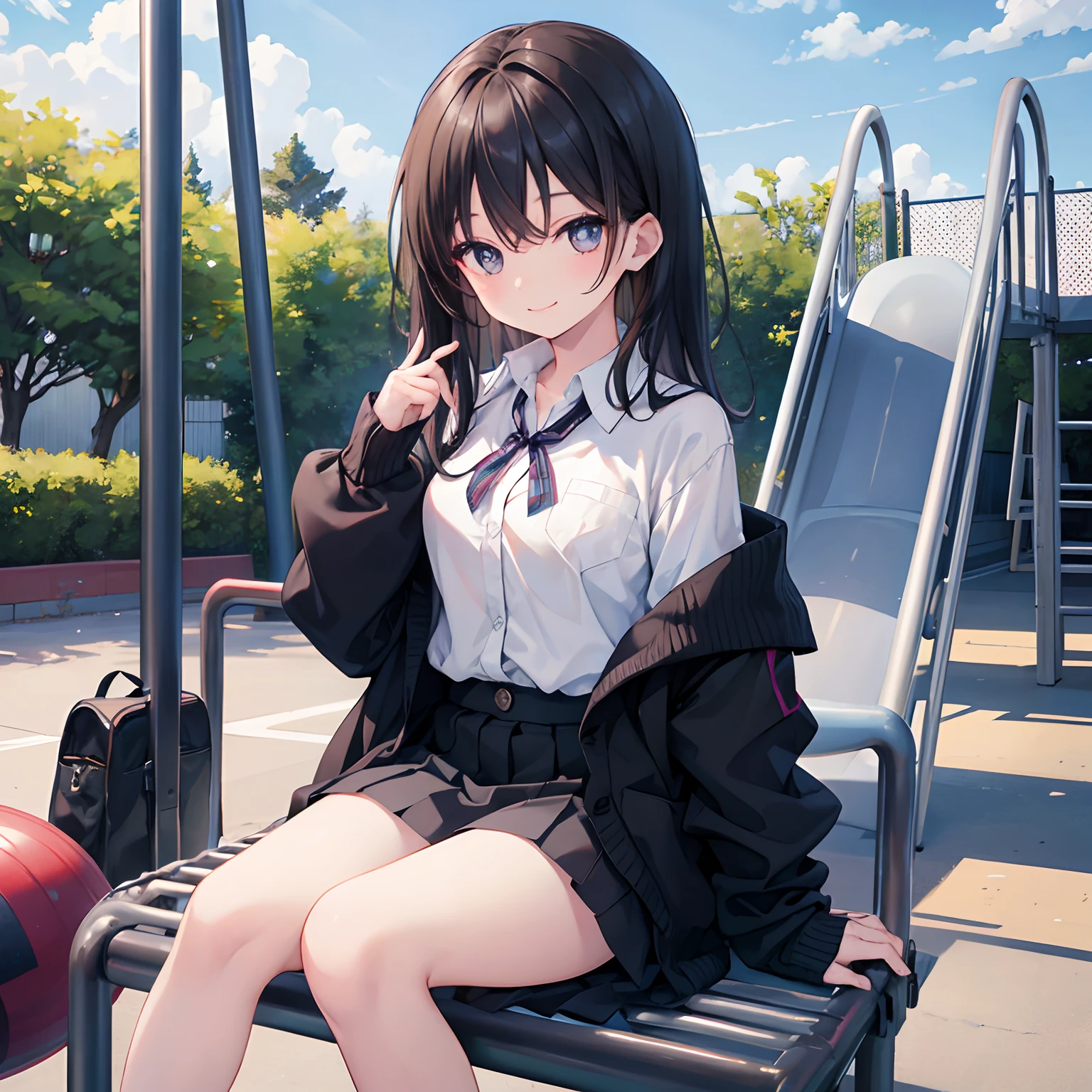 A woman taking a photo, A shy smile, Happy, Long Hair, Straight hair, Fine skin, Beautiful Hands, Beautiful fingers, Wearing a beret, tie, Short sleeve blouse, Pleated skirt, Thighs, Absolute area, Knee socks, Daytime, Hot summer day, School, Schoolyard, Sitting on a bench, Canned juiceを持っている, Natural light, Detailed face:1.2, Sharp focus, Hasselblad Photography, masterpiece, light makeup, Cinema Lighting, 4K, Highest quality, Sharpness, Anime Style, whole body, Canned juice,