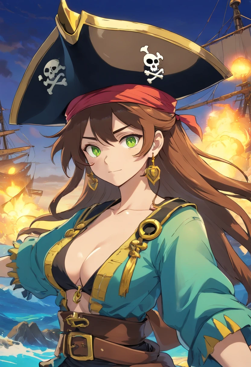 mutant pirate, monster pirate, pirate with monster features, PFP NFT image, pirate hat, background with sea full of gold, vibrant colors, golden accessories, glowing eyes (blue, brown, black, green, neon), body colors and face (black, white, yellow, brown, gold), tattoos.