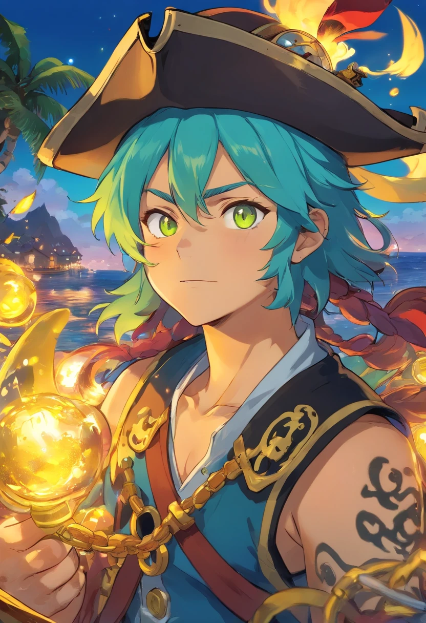 mutant pirate, monster pirate, pirate with monster features, PFP NFT image, pirate hat, background with sea full of gold, vibrant colors, golden accessories, glowing eyes (blue, brown, black, green, neon), body colors and face (black, white, yellow, brown, gold), tattoos.