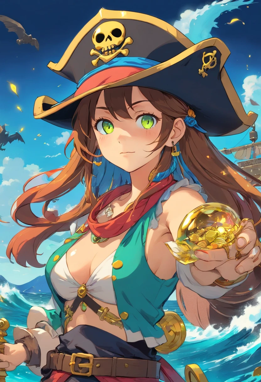 mutant pirate, monster pirate, pirate with monster features, PFP NFT image, pirate hat, background with sea full of gold, vibrant colors, golden accessories, glowing eyes (blue, brown, black, green, neon), body colors and face (black, white, yellow, brown, gold), tattoos.