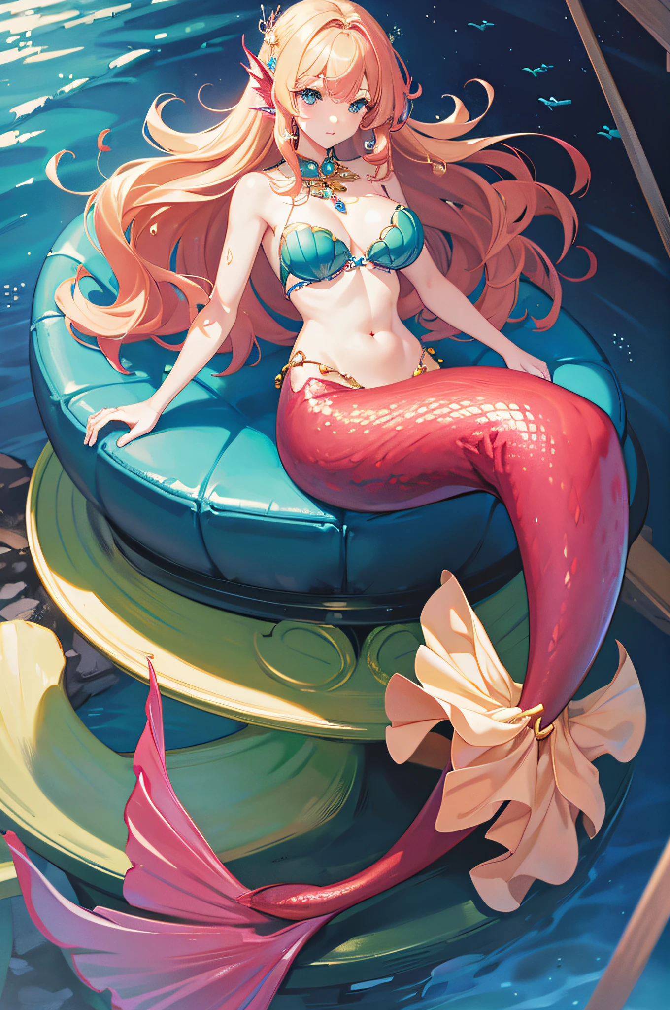 4K.hight resolution,One Woman,Red Mermaid,a blond,Longhaire,huge tit,Little Mermaid,light blue shell bra,jewel decorations,Pearl decoration,tiarra,under the water,Under the sea