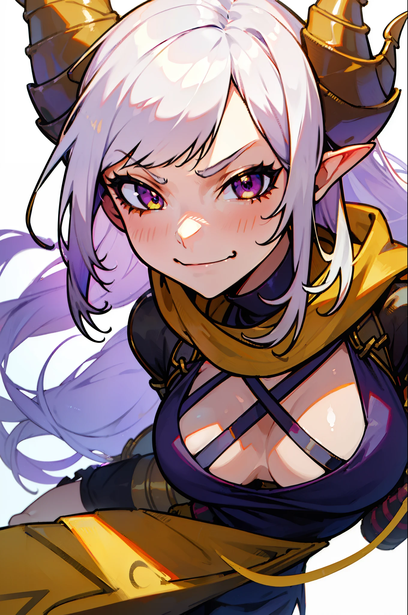 1girl,tanned skin,long hair, white hair,curly hair,yellow eyes,(villain,psycho,villain smile, psychopath, angry,closed mouth),black small shirt,gold armor outfit, cleavage,elves ears,horns,yellow scarf,face close up,((white background))