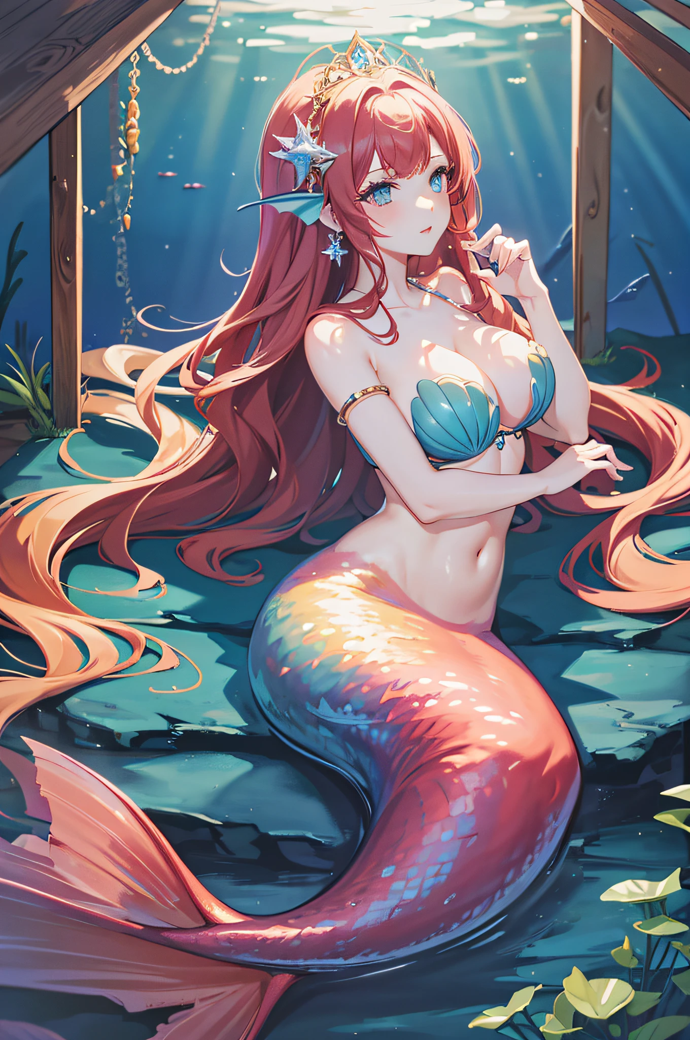 4K.hight resolution,One Woman,Red Mermaid,a blond,Longhaire,huge tit,Little Mermaid,light blue shell bra,jewel decorations,Pearl decoration,tiarra,under the water,Under the sea,Gorgeous light and shadows