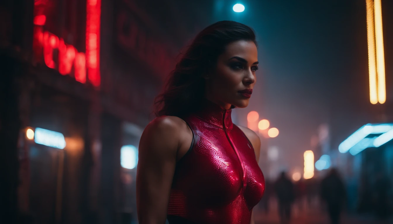 There's a cyborg woman (perfect body) wearing a futuristic leotard (high waisted thong leotard) standing in a cyberpunk city alley at night, darksynth aesthetic, red neons, beautiful woman, haze, foggy night, ultra detailed, photorealistic.