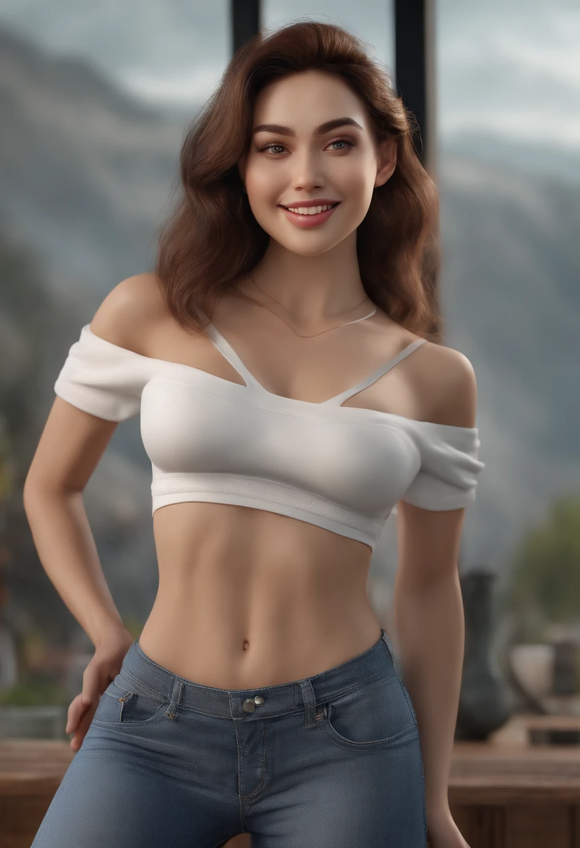 8k, RAW image, best quality, masterpiece: 1.2), (realistic, photorealistic: 1.37), ultra-detailed, ultra high res, 1 woman, looking at the viewer, beautiful detailed face, smile, slim, (thin waist: 1.3), gym shirt, beautiful detailed skin, skin texture, floating hair, professional lighting, well-made big mouth, huge mouth, fleshy mouth, well-drawn mouth