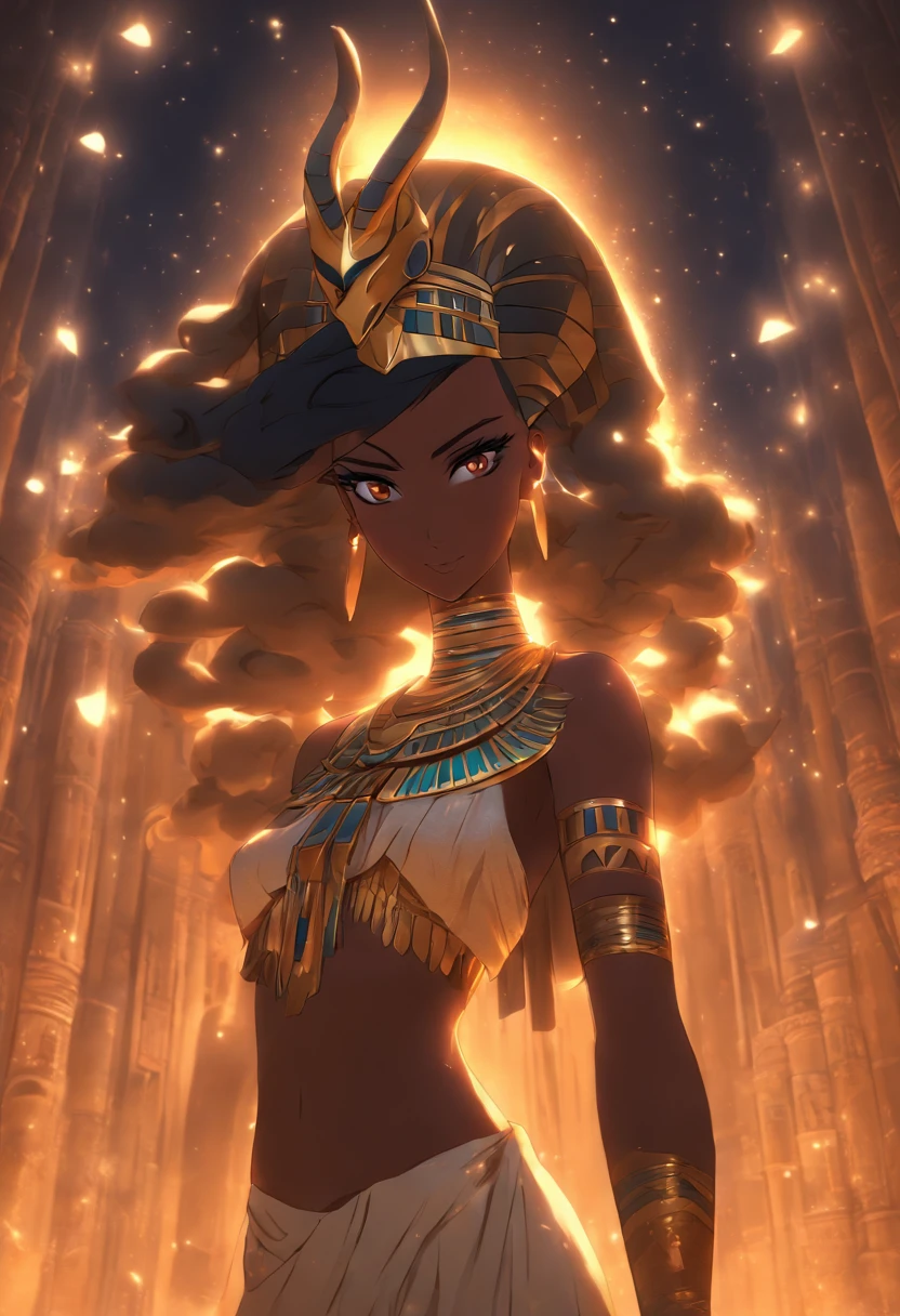 (((NUT)) best quality, ultra-high resolution, 4K detailed CG, master piece, woman, Goddess of the night, night, Egyptian clothing, EGYPTIAN mythology, desert, horn, aesthetics, ((full body)), standing , Beautiful image, centered