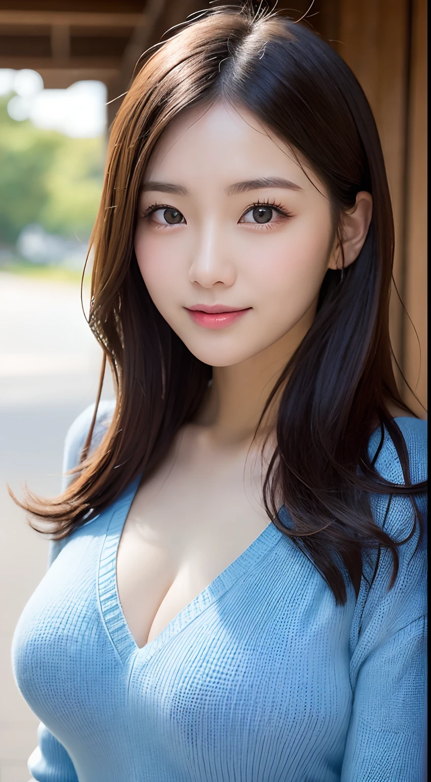 8k, highest quality, masterpiece, Realistic, Photorealistic, Ultra-detailed, Natural light, Highly detailed face and skin, Detailed eyes, Highly detailed face and skinの中間ショット, Beautiful woman staring at camera, Sexy pose, Tabletop, Beautiful Face, Realistic Face, Detailed face, Beautiful hairstyle, Realistic eyes, Fine grain, Realistic Skin, Detailed skin, Beautiful Skin, Charm, Ultra-realistic, ((Sexy blue cardigan, kind, Brown Hair, Cute Japanese Girl, whole body,Dimples,))