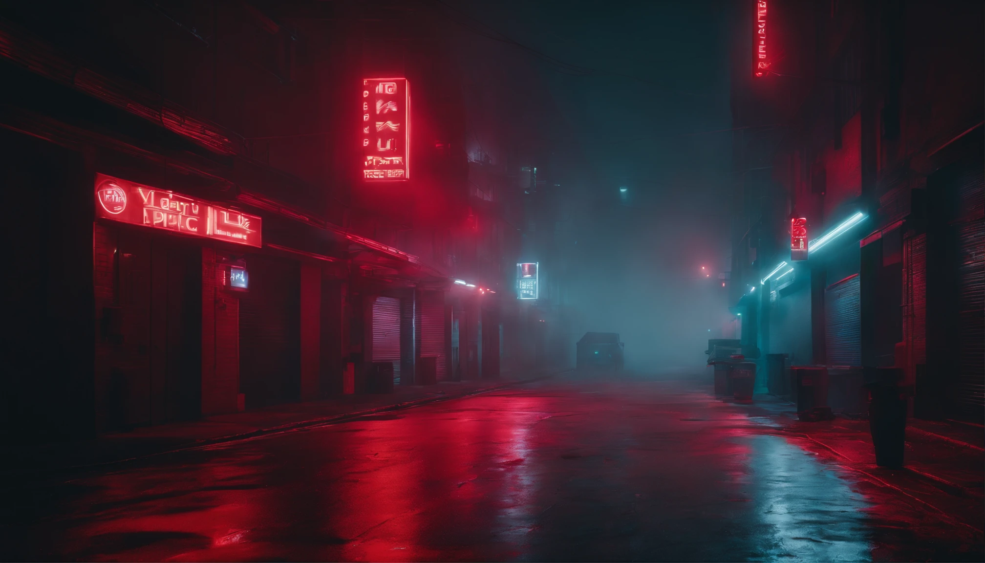 Cyberpunk alley at night, darksynth aesthetic, red neons, haze, foggy night, ultra detailed, photorealistic.