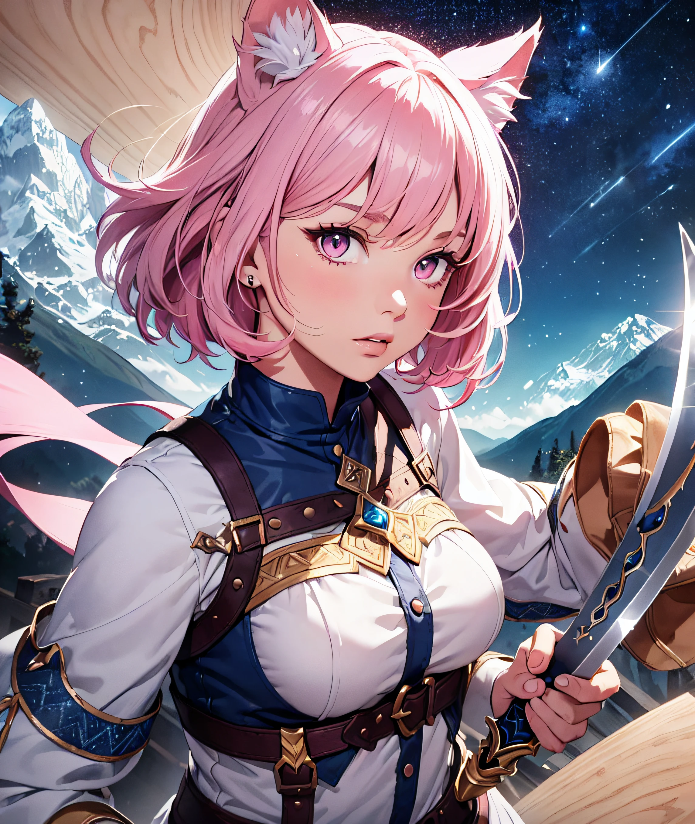 Beautiful detailed girl, Clear and beautiful, Character as the main point of view, radiant skin, girls, femele, young, 20yo, bobbed hair, Short Cut, short-hair, Beautiful detail glass hair, ((Wielding a big sword, Combat Posture)) ((Medieval European costume, white, Pink)) (((Costume color: white, Pink))) Beautiful details, cold face, cold expression, beautiful-detailed eyes, Pink eyes, Moderate chest, Purple Noon, Full-fledged skin texture, Very good 8KCG wallpapers, very fine 8K CG wallpaper, watercolor (medium), female warrior, Pink hair, (((Full-body cut))), Cat's ears pink, Long knives, Big knife, Traditional sword, Wielding, Attacking Posture, Levitation, (((s whole body))), Show your whole body, (((dark, Dark Night, Deep Night))) ((Sky color: dark blue)) (((Natural Background, mountains, wood))), ((plein air))