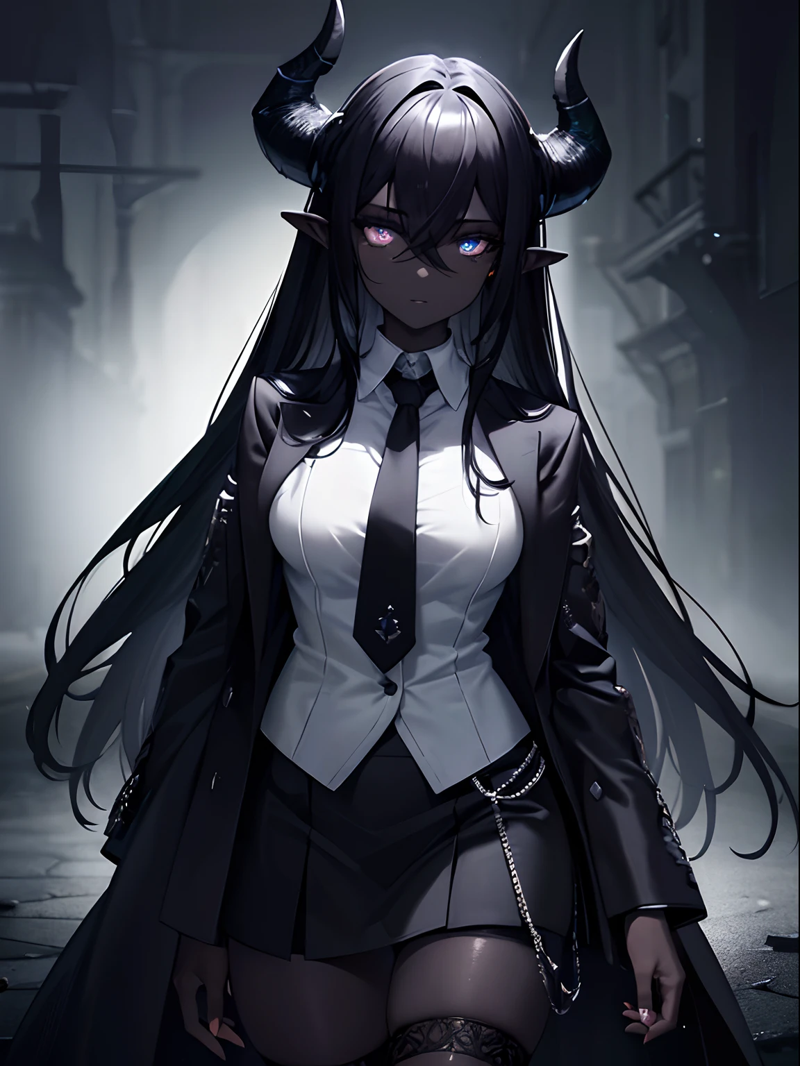 (masterpiece,best quality,ultra-detailed),1girl,horns,black hair,dark hair, black skin,dark black skin,pointy ears,beautiful and detailed face, detailed eyes, black shirt, black skirt, tie,night,fog,((grey and black theme))