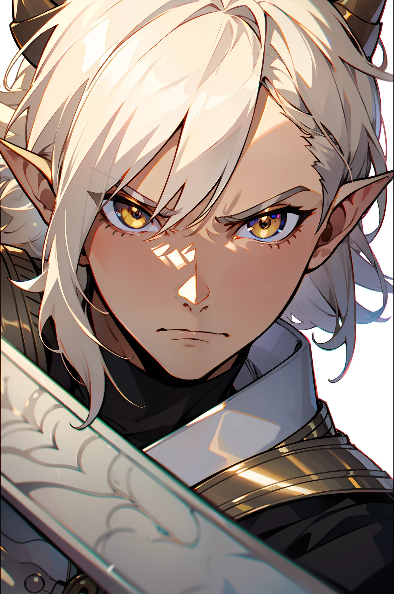 1boy,solo,angry,closed mouth,(tanned skin,male face),silver armor,Short hair,platinum blonde hair,yellow eyes,elves ears,horns,face close up,((white background))