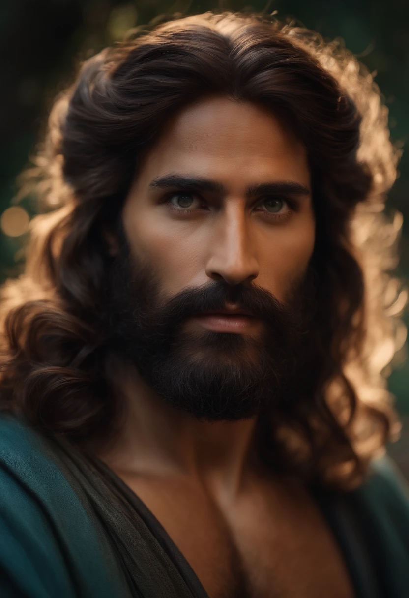 "Close-up ultra-realista em 8k de Jesus Cristo, com cabelos compridos e barba."
