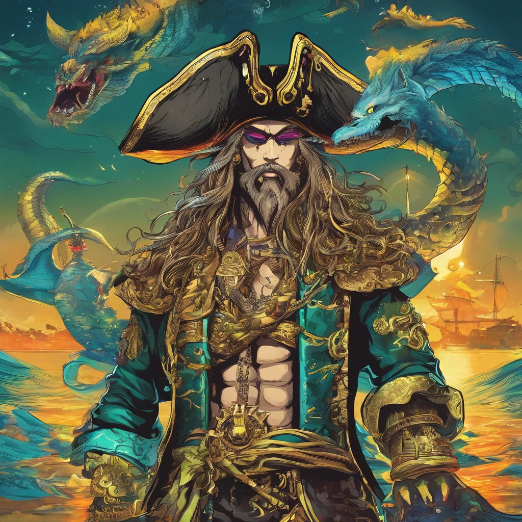 mutant pirate, monster pirate, pirate with monster features, PFP NFT image, pirate hat, background with sea full of gold, vibrant colors, golden accessories, glowing eyes (blue, brown, black, green, neon), body colors and face (black, white, yellow, brown, gold), tattoos.