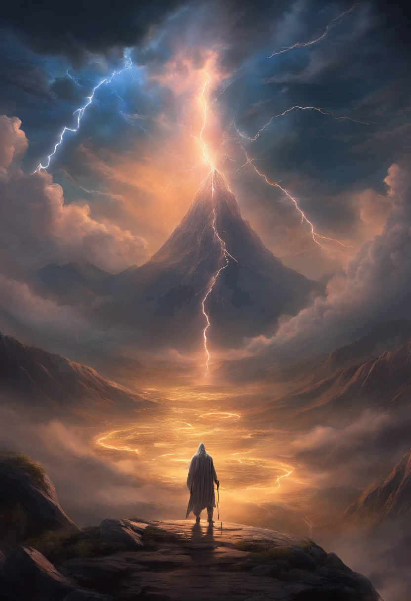 crie um prompt para criar imagens ilustrando Deus descendo no monte Sinal, quero imagen ultra realista e em 4k "Imagine an epic, ultra-realistic scene in 4K: Deus desce do Monte Sinai em meio a uma tempestade impressionante. The mountain is covered in lightning and dark clouds as lightning lights up the sky. God is surrounded by a divine aura, with flowing white beards and eyes that radiate wisdom and power. Its majestic figure slowly descends towards the earth, com um manto que parece feito de estrelas cintilantes. As he descends, The surrounding landscape is bathed in a heavenly light, And the people below look on with reverence and admiration."