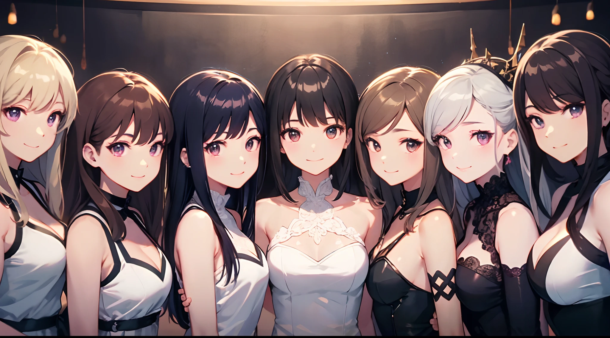 masterpiece、top-quality、detaile、hight resolution、extremely delicate and beautiful、simple background、upper body closeup、beutiful breast、gals、Smile、multiple female、5 women、4 females、7 Women、
