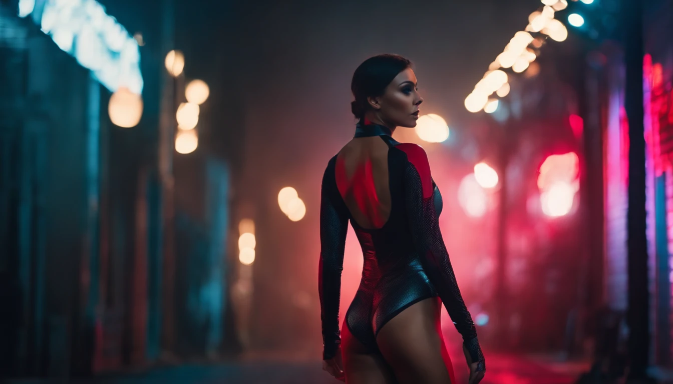 There's a cyborg woman (cyborg parts) wearing a futuristic leotard (high waisted thong leotard) standing in a cyberpunk city alley at night, darksynth aesthetic, red neons, beautiful woman, haze, foggy night, ultra detailed, photorealistic.