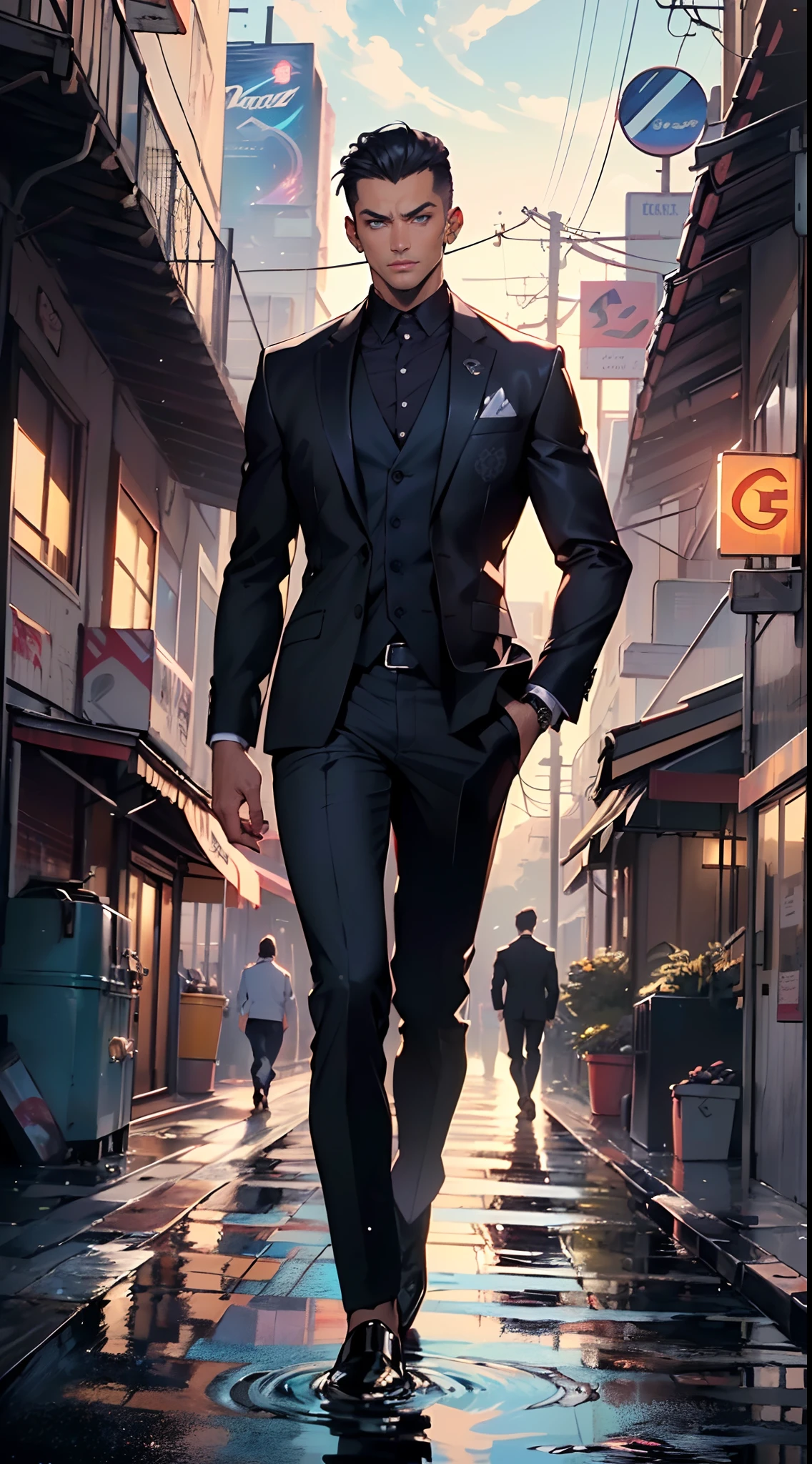 man:1.5,1 man,businessman man,(((1man))),((man with black short hair)),
(((1male,man:1.5,handsome man,male,male gender:1.5,male focus))),macho man,attractive villain,
((slicked back hair, slicked back hair,black short haircut,)),(((lustrous skin:1.5,tanned skin,bright skin: 1.5,skin tanned,shiny skin,very shiny skin,shiny body,illuminated skin))),(((blue_eyes:1.2))),intricate eyes,beautiful detailed eyes,symmetrical eyes,((man chest)),handsome face,((muscular)),male jaw,(((detailed face))),
manly,nsfw,
cyberpunk businessman, ((Business suit:1.5)), futuristic businessman,((bulge in pants)),((dark purple and black suit:1.2)),(elegant suit),((wet clothes,intricate outfit,intricate clothes,intricate suit,ornate outfit)),
(dynamic pose:1.0),solo focus,((smug)),(centered,scale to fit dimensions,Rule of thirds),
cyberpunk city by the ocean at night, with bright neon signs and dark stormy clouds and puddles, scenery:1.25,
highres, sharp focus, (ultra detailed, extremely detailed), (photorealistic artwork:1.37),(extremely detailed CG unity 8k wallpaper),((synthwave background theme)),(((vibrant colors))),(intricate background),(masterpiece),(best quality),
