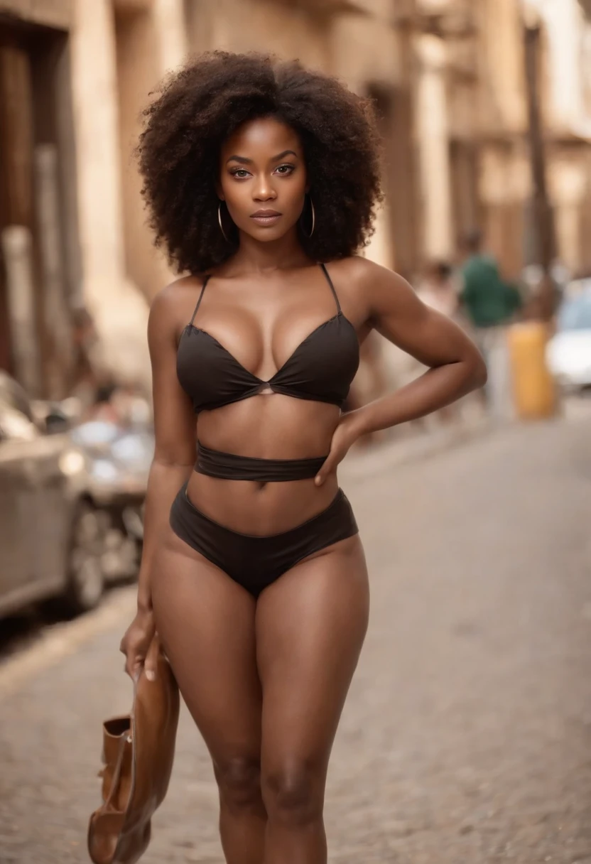 ((Pele africana escura, very deep ebony skin)), ((Its beauty is undeniable)), ((cara excitada bonito)), ((olhos perfeitos hiper detalhados,)), ((Pose fofa)), ((Exit language)), ((sedutor )), sexy, (( Camisa de malha apertada com furos *some visible breasts*), shorts quadras sexy)), ((Cabelo longo africano cacheado afro rabo de cavalo,)), (( pele)), ((standing up, Vista frontal)), ((Touch your own legs in a sexy pose)), ((ao ar livre, public city)), Sharp-focused CGI, photoreallistic, High detail, Realista, master part, Absurdo, best quality, HDR, alta qualidade, high-definition, extremamente detalhado, Papel de parede 8K, detalhes intrincados, 8k UHD, Full-HD, (foto realista:1.2), contraste, intense illumination, Kinematic lighting, natural lighting, luz dura, Uplighting, global ilumination, occlusion of the environment