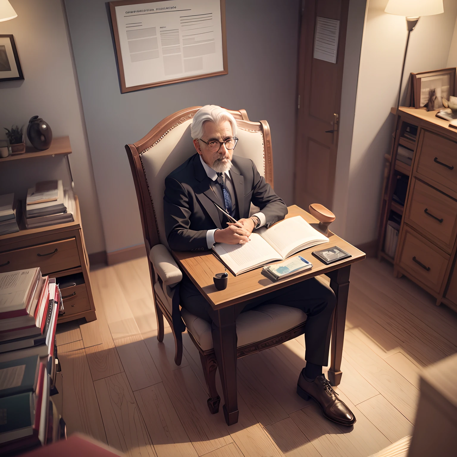 Professor  cansado, cabelo preto crisalhos,  com 51:Anos, Sitting in a chair behind the desk. Ao fundo o quadro, em destaque,  com os seguintes frase:  The Denial of Reality.