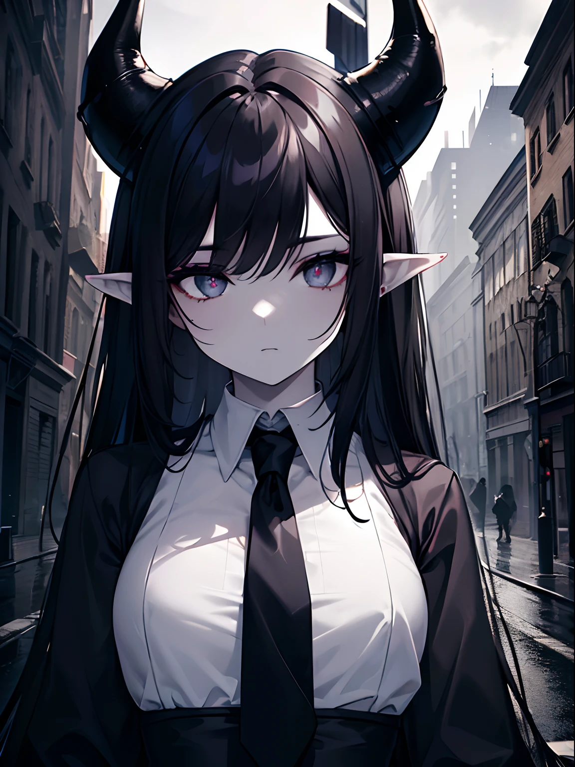 (masterpiece,best quality,ultra-detailed),1girl,horns,black hair,dark hair, white skin, pale skin,pointy ears,beautiful and detailed face, detailed eyes, black shirt,tie,night,fog,street,((grey theme))