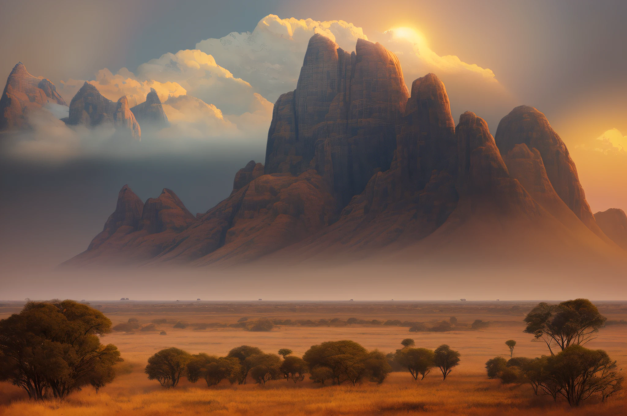 A highly detailed illustration, botswana,
landscape,
vintage, dreamy,  drawing, trending on artstation, UHD, (((by Quentin de Warren))):1.8, atmosphere, luminosity