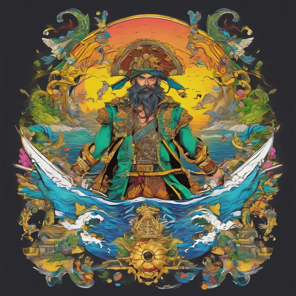create a mutant or monster pirate, background with the sea, vibrant colors, golden accessories, brilliant eyes (blue, brown, black, green, neon), body and face colors (black, white, yellow, brown, gold), tattoos.