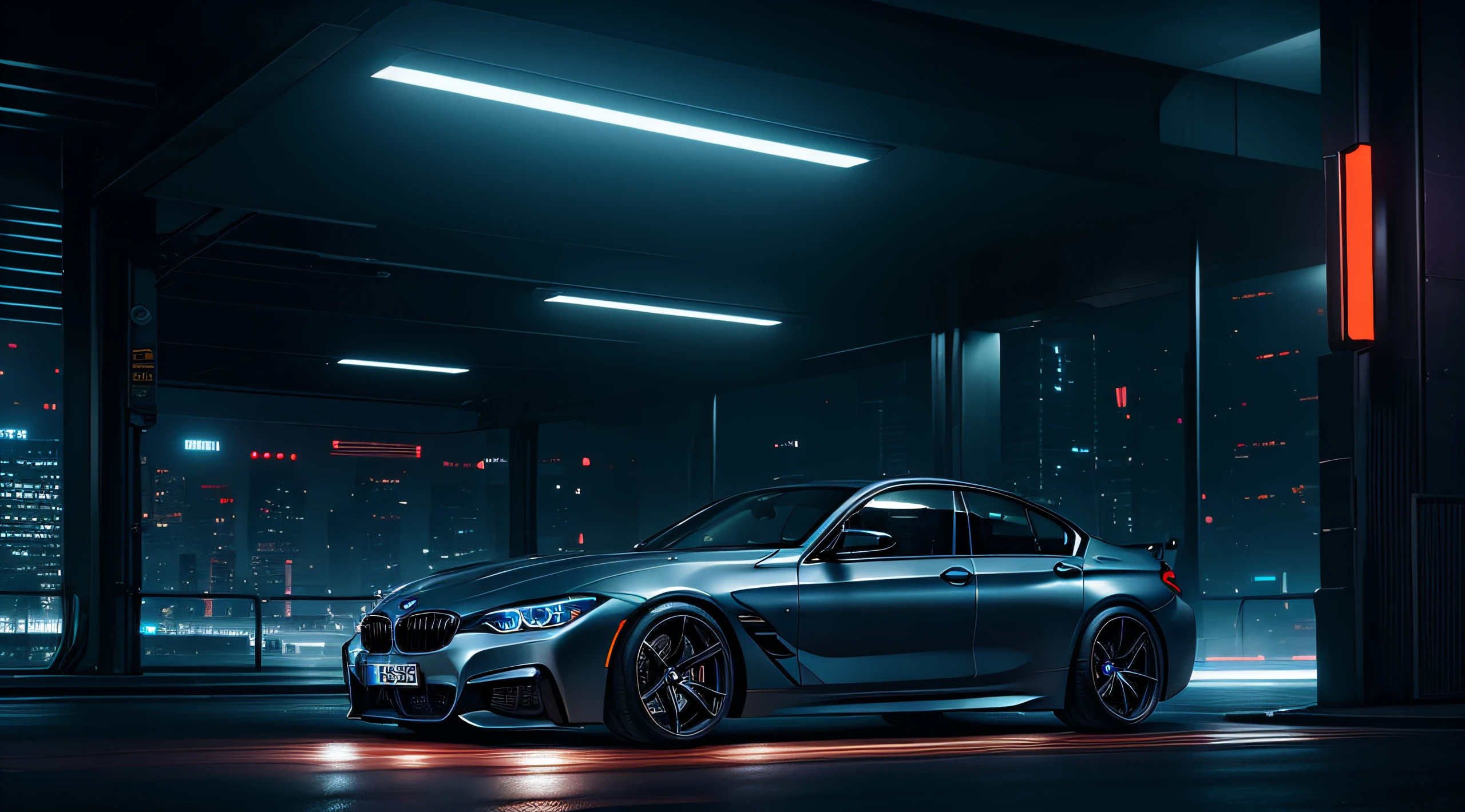 bmw in cyberpunk city at night with volumetric lighting highly detailed asphalt street cinematic ultra realistic HDR