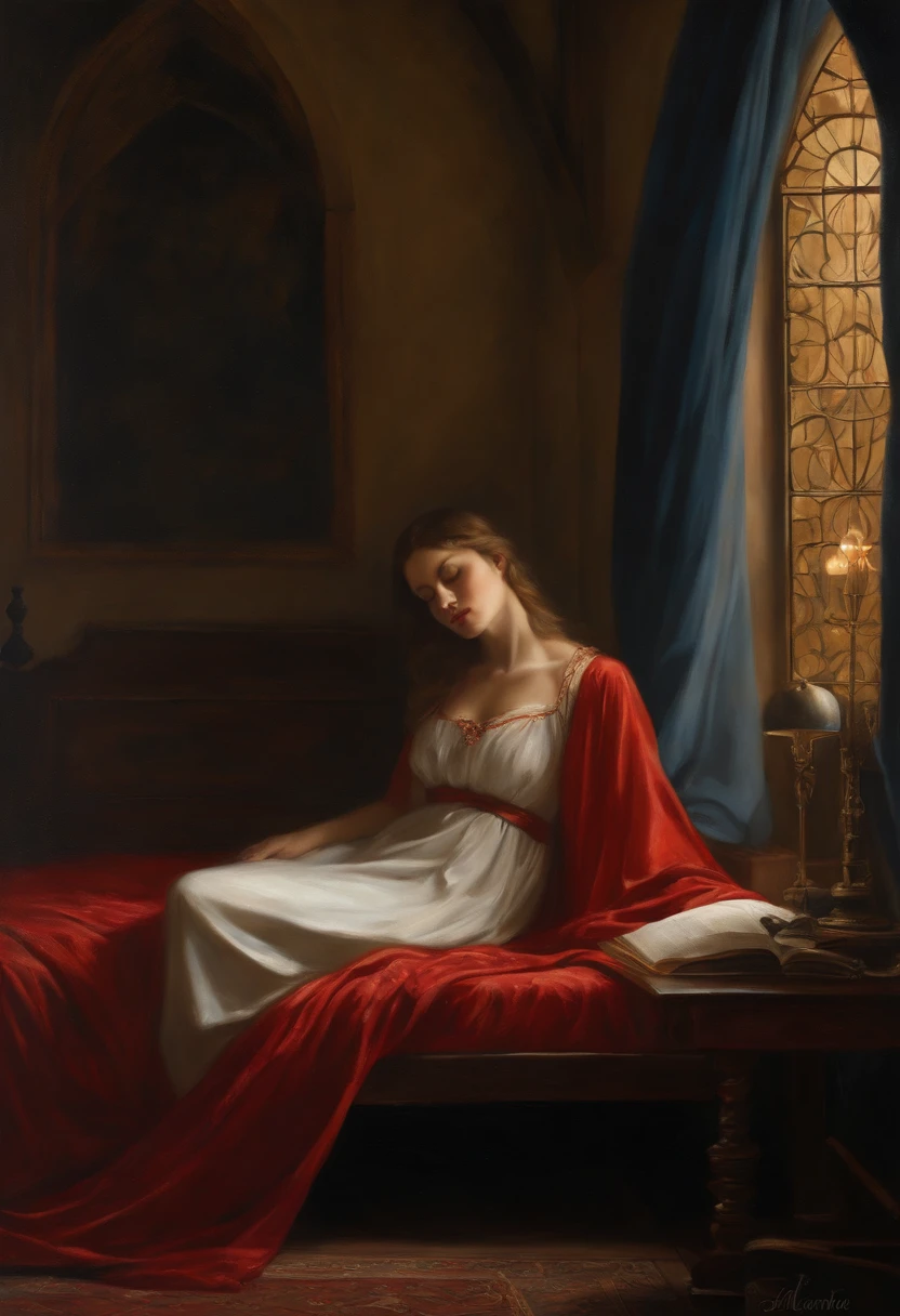 Obra maestra, La mejor calidad, Ultra detallado, arte neogotico, Semi-realistic oil), painting set in medieval times On the scene, There is a beautiful woman who is dressed in a red robe and sleeps lying peacefully on a bed.. La vista de la imagen es desde arriba. The room is shrouded in darkness, with only a small lamp on your bedside table emitting a dim light. Adicionalmente, Incorporates a creepy element in the Gothic style: Un demonio azul descansa sobre su pecho mientras duerme. The painting should capture the aesthetics and details typical of the neo-Gothic style, incluidos los arcos, Detalles ornamentales, and a mysterious atmosphere.