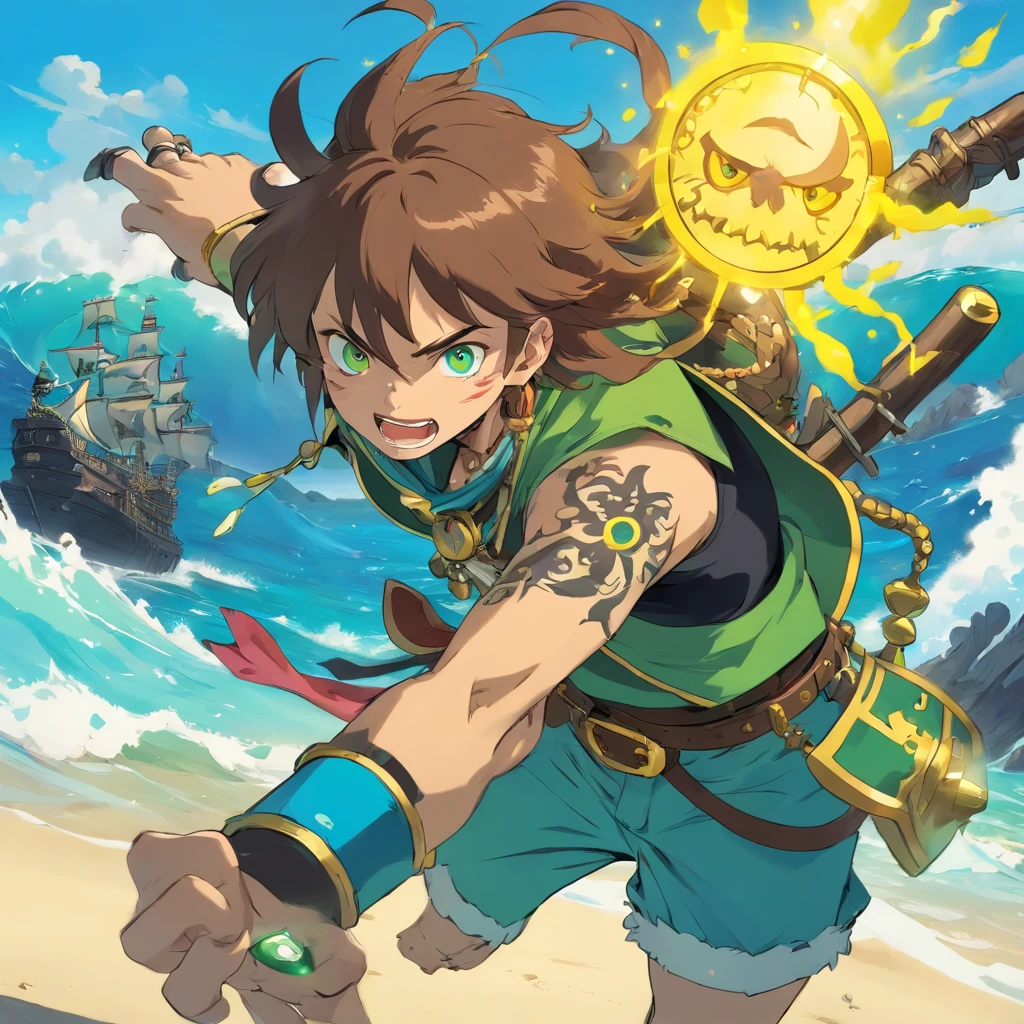 create a mutant or monster pirate, background with the sea, vibrant colors, golden accessories, brilliant eyes (blue, brown, black, green, neon), body and face colors (black, white, yellow, brown, gold), tattoos.