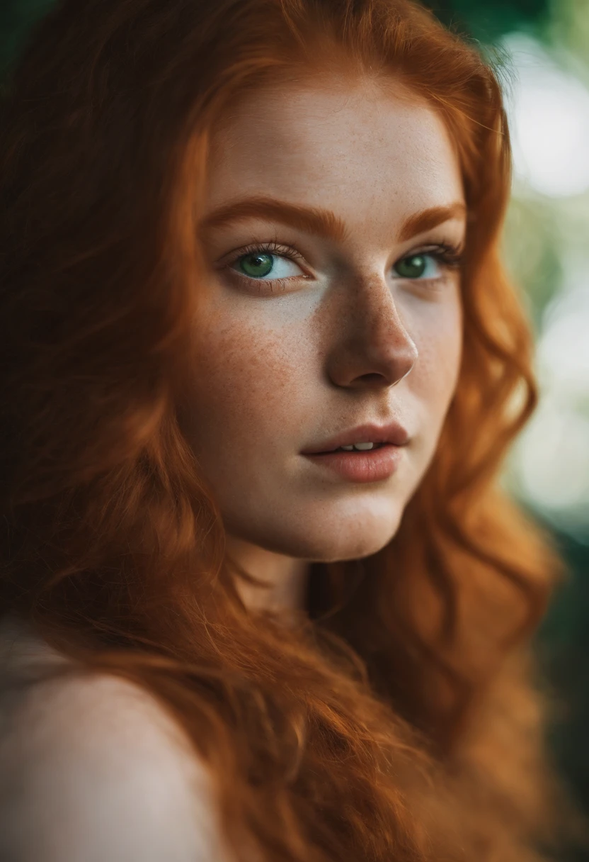 A beautiful ginger girl with freckles, 18 yearold, sexy and thicc, Green eyes, Big breasts, Big butt, sweaty, shiny, lewd face