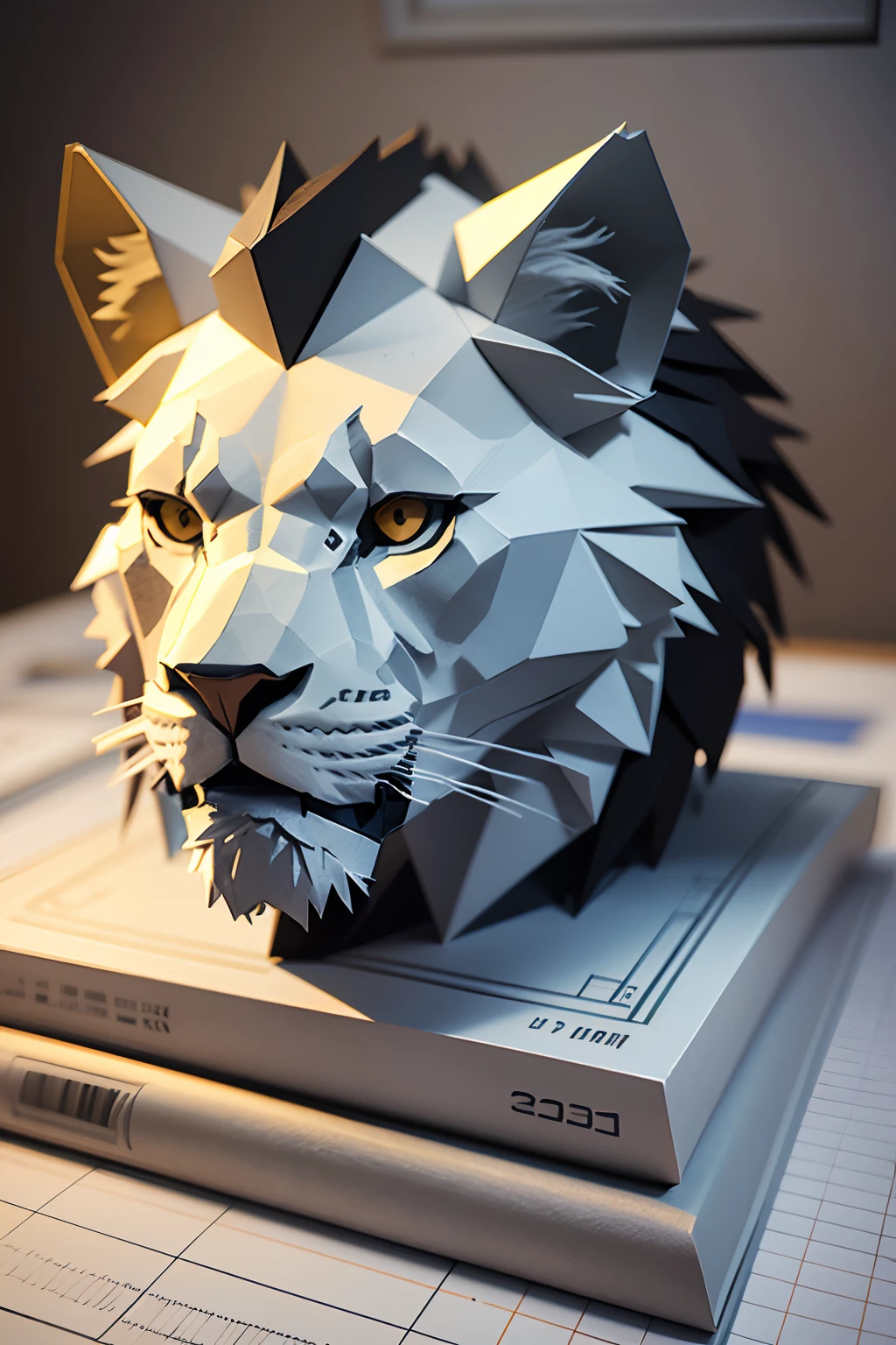 Lion Head, Paper Craft, DIY, model 3D blueprint, low poly, front and left, blueprint model