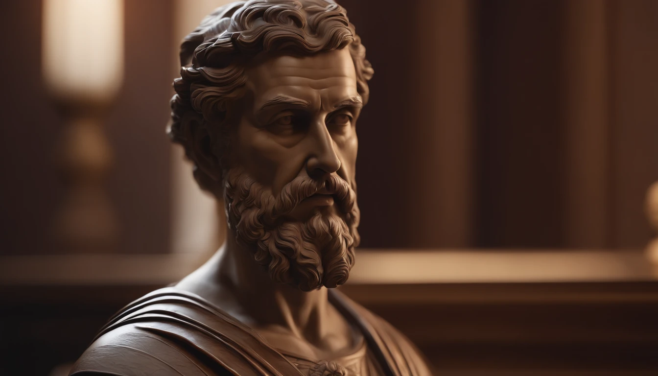 A close-up of a statue of the philosopher Zeno of Scythia , cinematic bust portrait, Realistic sculpture by 8K Bernini, Movie close-up of bust, cinematic bust shot, 3D octane Escultura rendering 8K, Stoic face, Escultura 3D 8K octane rendering, 3 d render stylized, Signature features with high detail, hyper detailed 3d render