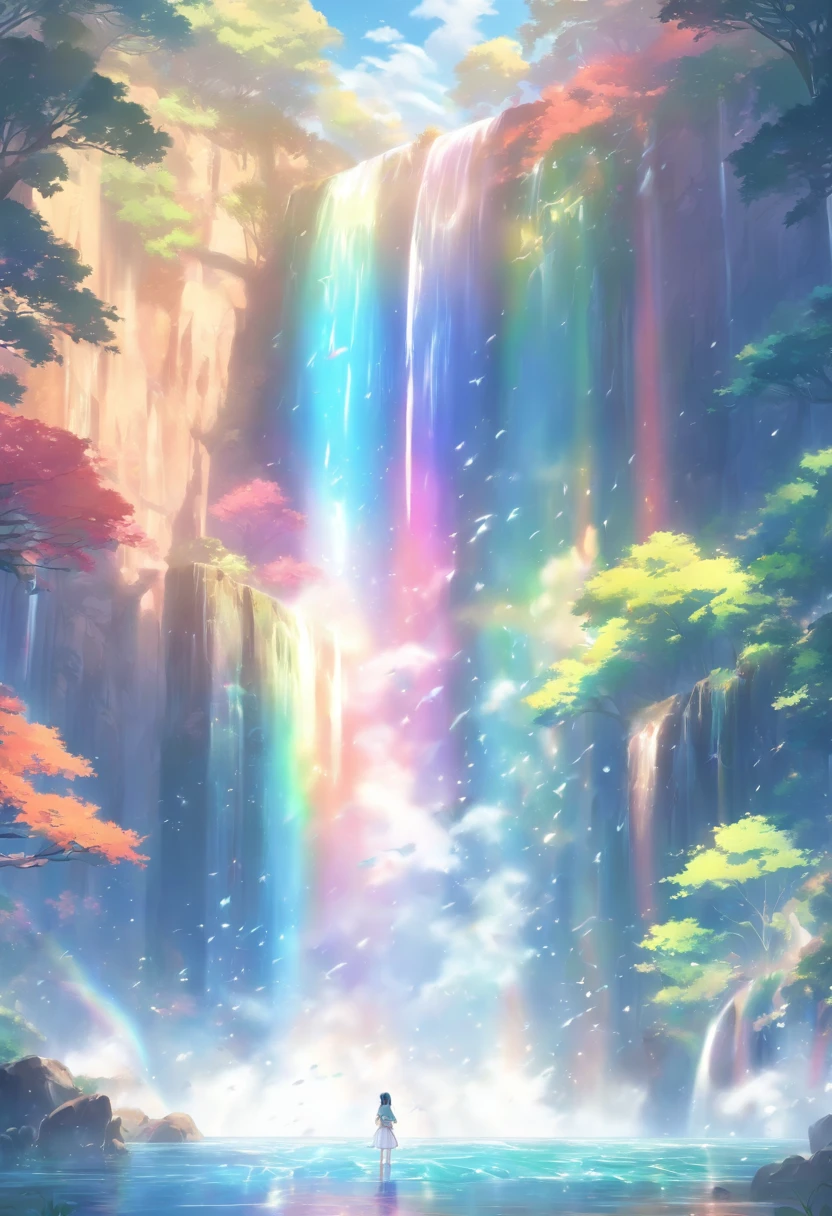 (((Rainbow at the waterfall)) best quality, very high resolution, 4K detailed CG, master piece, waterfall, Rainbow, Forest, aesthetics, ((Arco Iris)), Beautiful image, centered on the screen