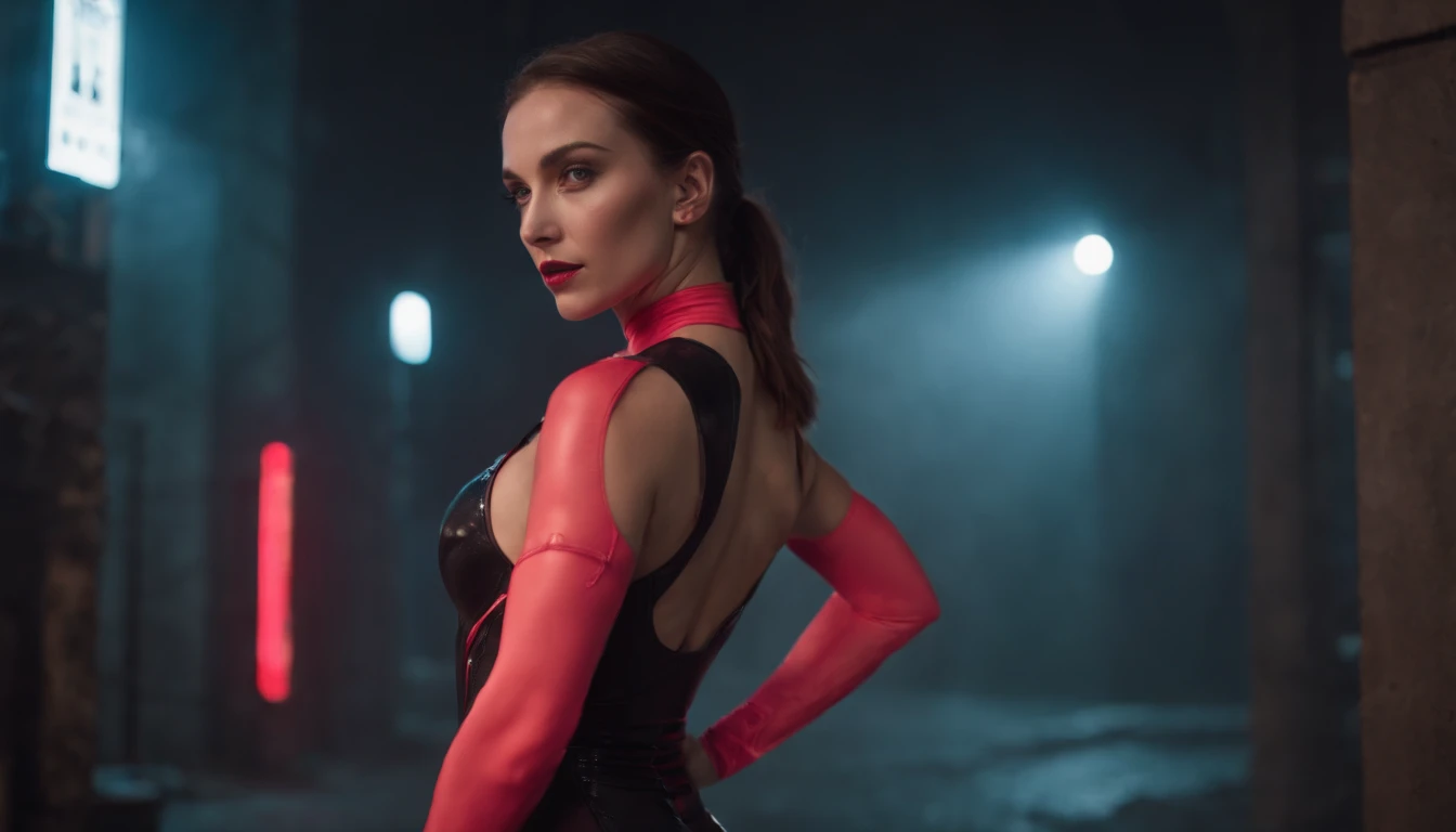 There's a cyborg woman (8k) wearing a futuristic leotard (best quality) standing in a cyberpunk city alley at night, darksynth aesthetic, red neons, beautiful woman, haze, foggy night, ultra detailed, photorealistic.