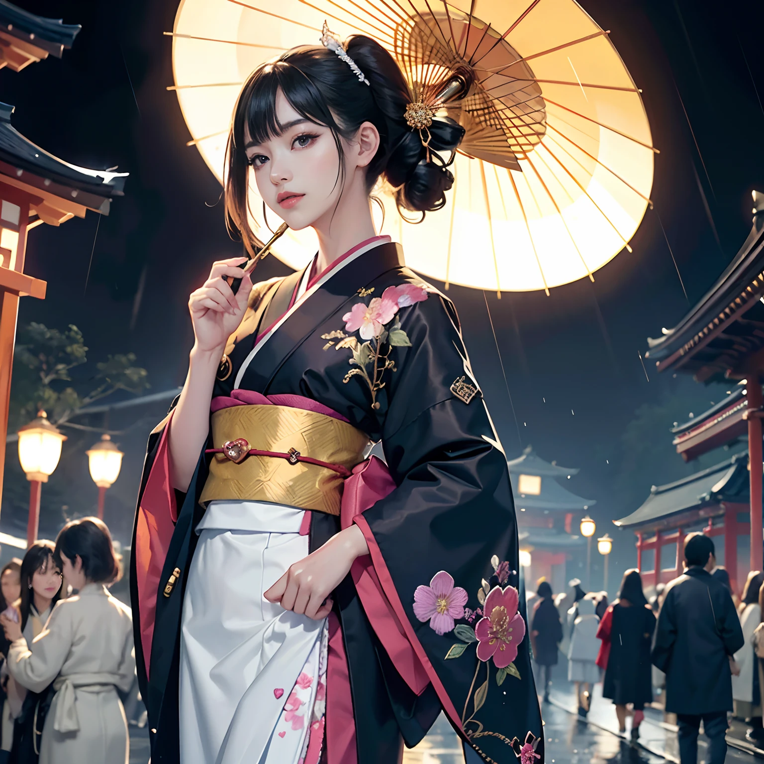 Detailed background(rain is falling,Temples and shrines in Kyoto(Crowds,People who are sightseeing々)),Turning around and holding hands with viewers,BREAK,elaborate costume{Luxury kimono(Colorful kimono(detailed embroidery,))}、1girl in(Japanese Idol(actress):1.2)(face perfect:1.2),Depicting a beautiful and classy adult woman,glossy dark hair(poneyTail),Heart in the eye, Wallpapers 16K,Blur the background with a sickle,((masutepiece)), ((Best Quality)),{{a portrait photo of}},full body Esbian