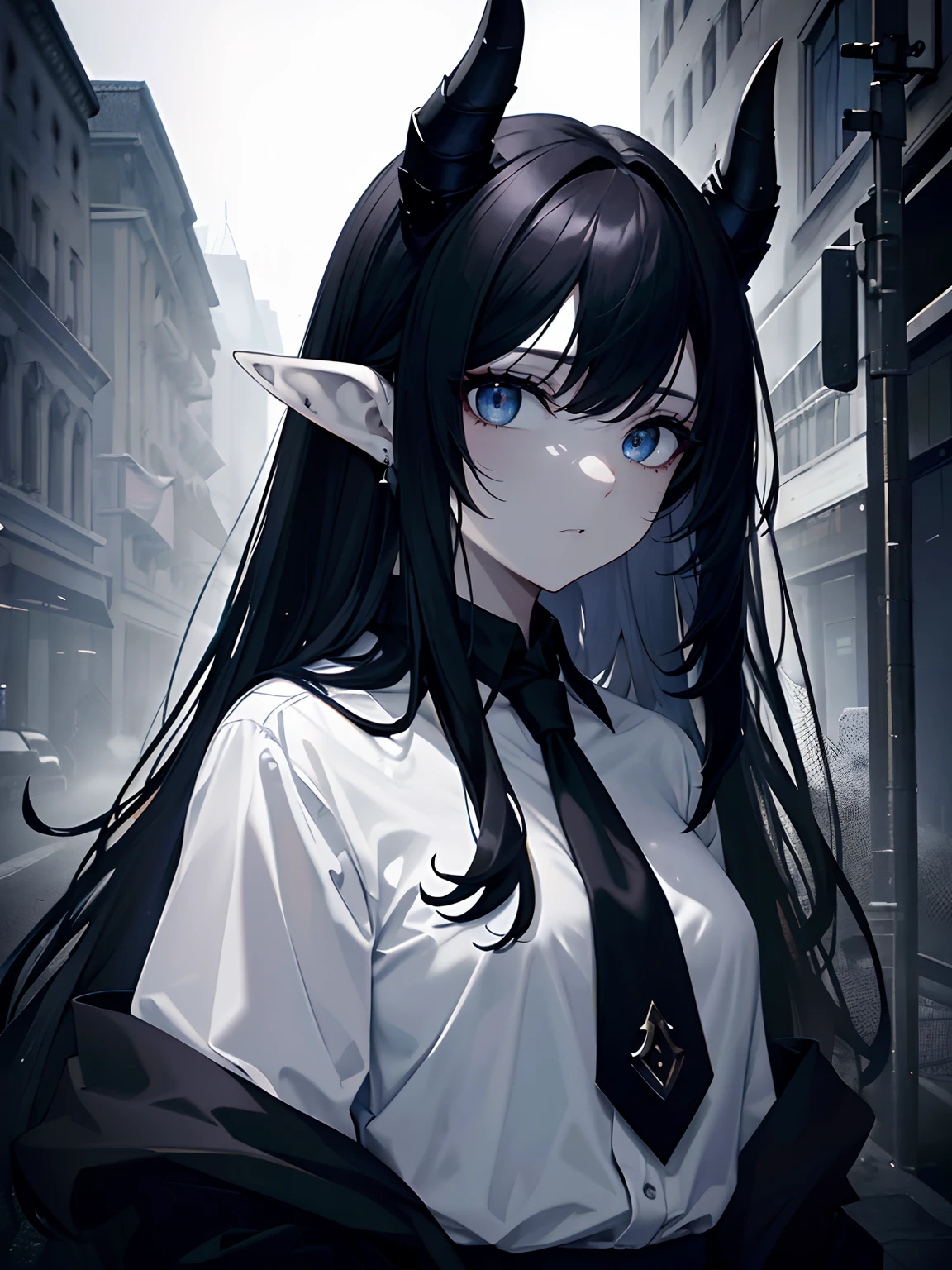 (masterpiece,best quality,ultra-detailed),1girl,horns,black hair,dark hair, white skin, pale skin,pointy ears,beautiful and detailed face, detailed eyes, black shirt,tie,night,fog,street,((grey theme))