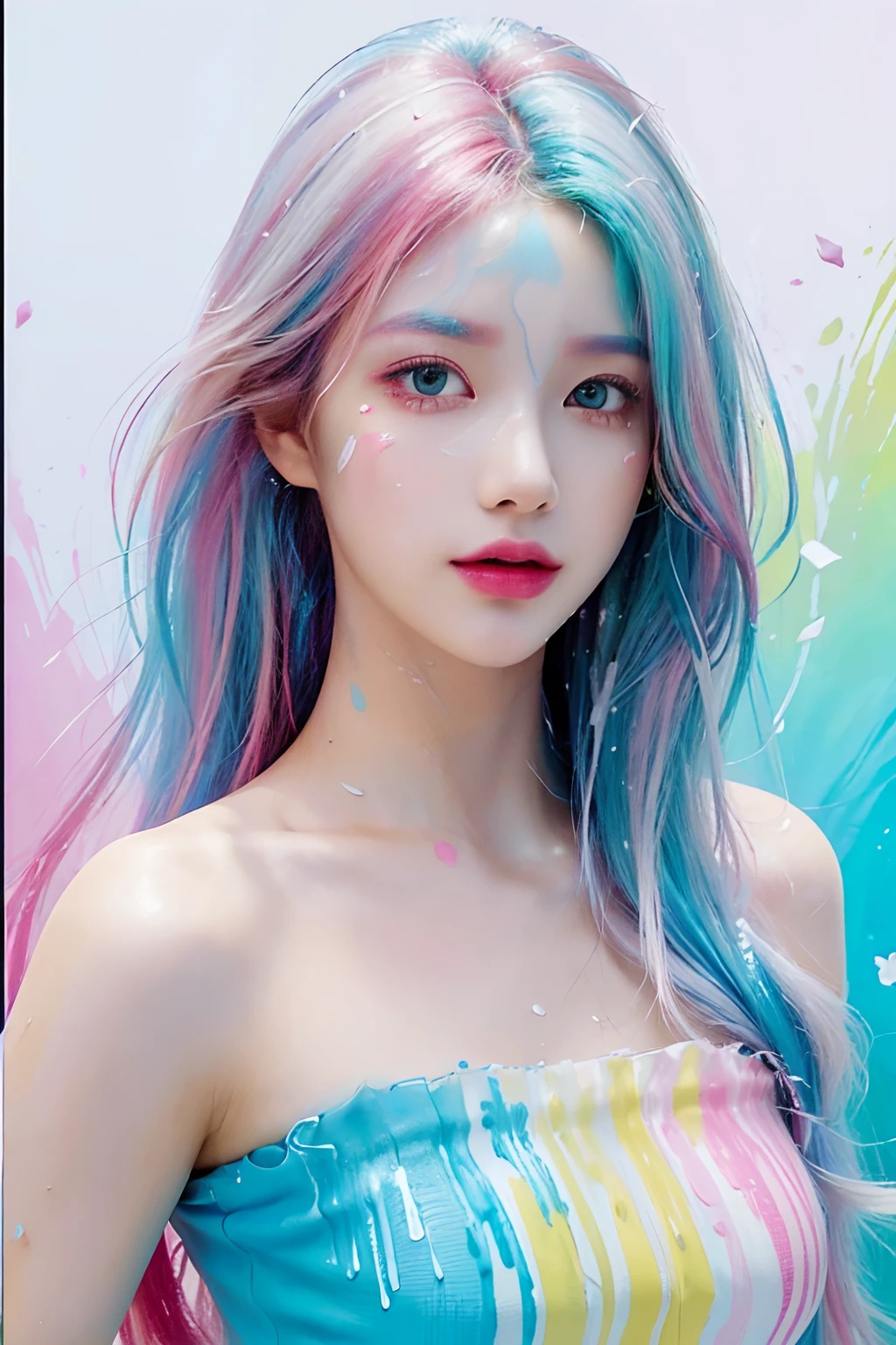 （Pink Fashion T-shirt：1.9），(Colorful hair: 1.8), (all the colours of the rainbow: 1.8),(((((vertical painting：1.6))), （painting：1.6），front, comics, illustrations, paintings, large eyes, crystal clear eyes,（ rainbow color gradient high ponytail：1.7）, exquisite makeup, closed mouth,(Small Fresh: 1.5),(Wipe Chest: 1.6) ，long eyelashes, white off shoulder T-shirt,  White Shoulder Shirt，looking at the audience, large watery eyes, (rainbow colored hair：1.6), color splash, （solo：1.8）, color splash, color explosion, thick paint style, messy lines, ((shining))，(colorful), (colorful), (colorful), colorful, Thick Paint Style, (Splash) (Color Splash), Vertical Painting, Upper Body, Paint Splash, Acrylic Pigment, Gradient, Paint, Highest Image Quality, Highest Quality, Masterpiece, Solo, Depth of Field, Face Paint,  colorful clothes, (Elegant: 1.2), gorgeous,long hair, wind, (Elegant: 1.3), (Petals: 1.4)，(((masterpiece))),(((best quality))),((ultra-detailed)),(illustration),(dynamic angle),((floating)),(paint),((disheveled hair)),(solo),(1girl) , (((detailed anima face))),((beautiful detailed face)),collar,bare shoulders,white hair, ((colorful hair)),((streaked hair)),beautiful detailed eyes,(Gradient color eyes),(((colorful eyes))),(((colorful background))),(((high saturation))),(((surrounded by colorful splashes))),