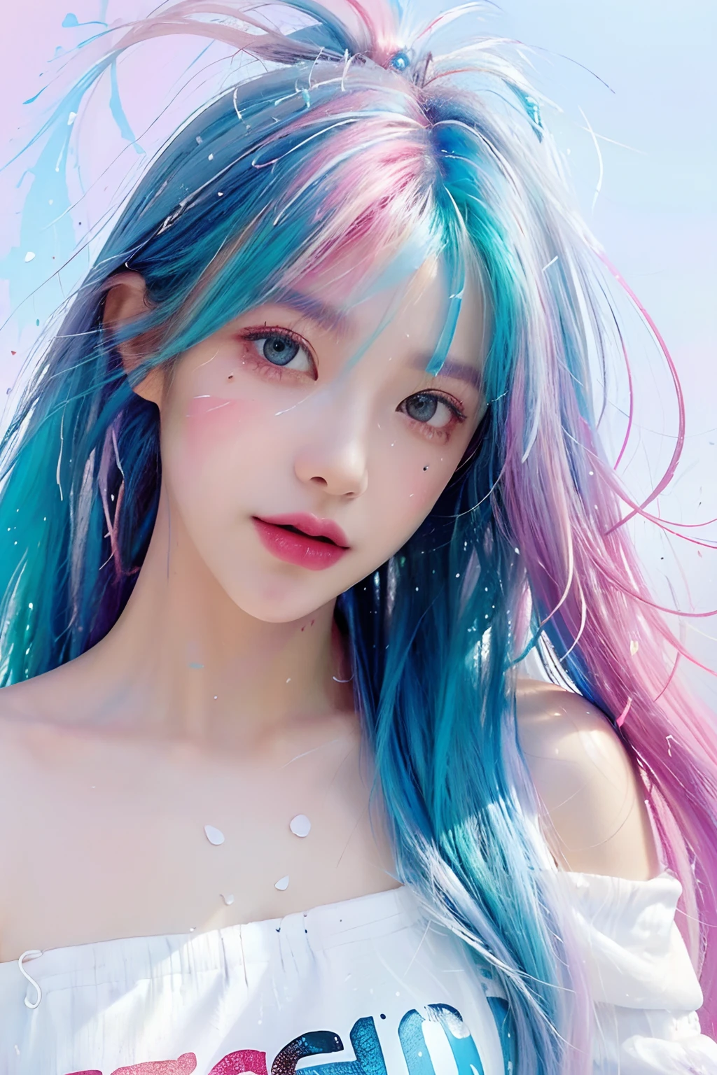 (Masterpiece, Best Quality, High Resolution), White Background, Acrylic Paint, ((Color Splash, Splash of Ink, Color Splash)), Sweet Chinese Girl, Long Light Blue Hair, [Light Blue|Pink] Hair, Curly Hair, Glitter, Peach Lips, White Shirt, Front, Upper Body