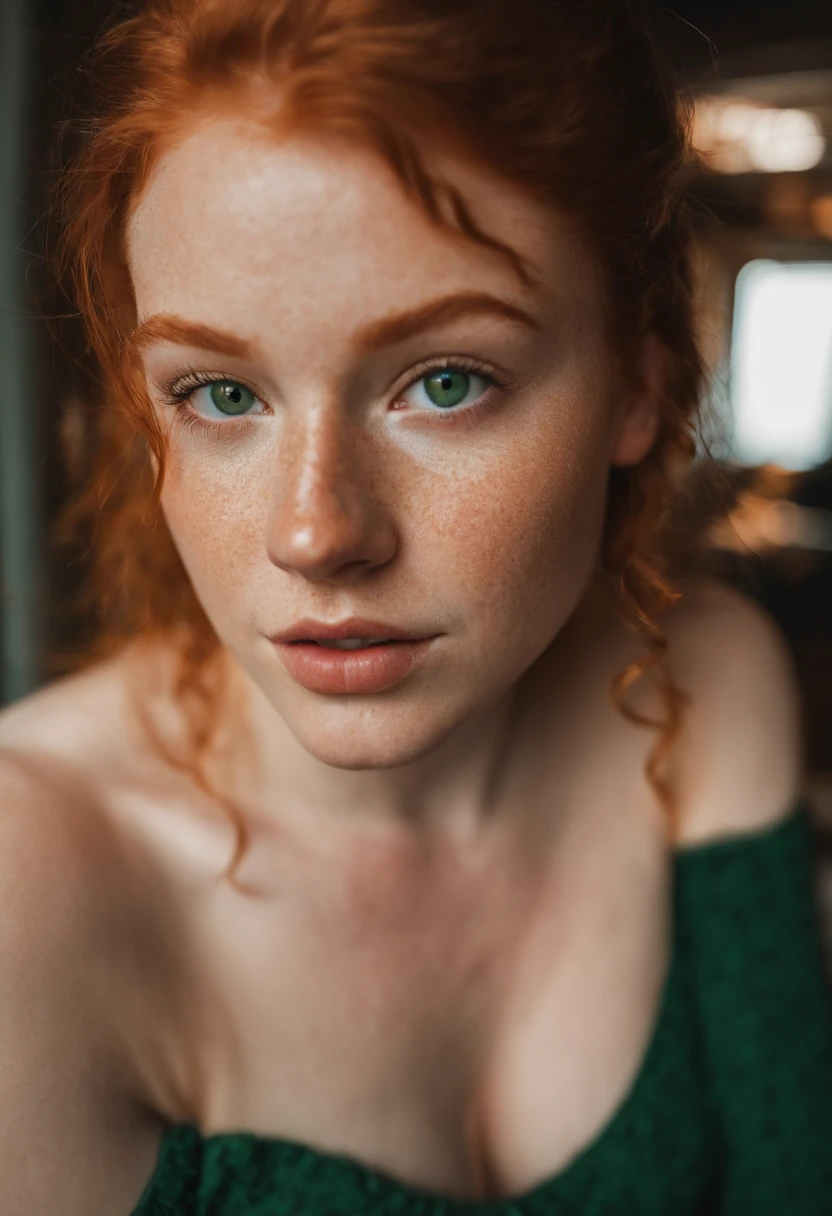 A beautiful ginger girl with freckles, 18 yearold, sexy and thicc, Green eyes, Big breasts, Big butt, sweaty, shiny, lewd face, Nude, bathroom, Sexy, Milky