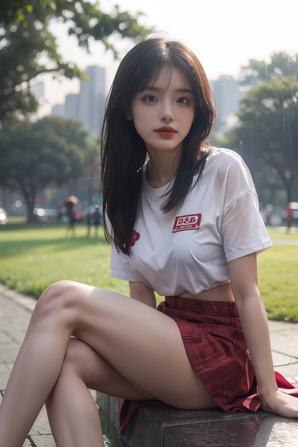 (full bodyesbian:1.5),(1girll:1.3),(view the viewer:1.4),(anatomy correct:1.4),(Sitting in the park in heavy rain:1.2),(Wearing mini skirt:1.2),(Accurate and perfect face:1.3),(Long legs:1.3),hyper HD, Ray traching, reflective light, structurally correct, Award-Awarded, High detail, Fade-in and fade-out shadow contrast, Face lighting ,Cinematic lighting, Masterpiece, super detailing, High quality, High detail, Best quality, 16k,High contrast,