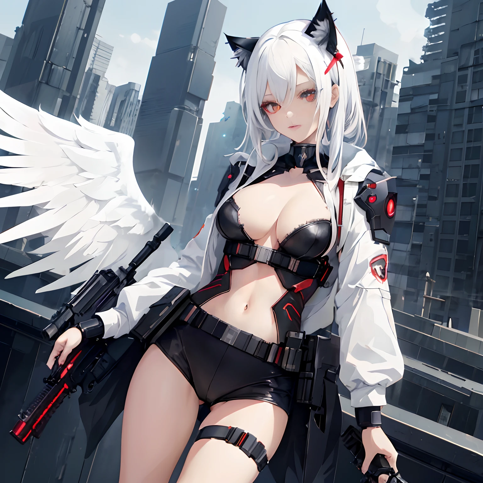 anime girl with angel wings and a gun on a rooftop, badass anime 8 k, cyberpunk anime girl, female cyberpunk anime girl, digital cyberpunk anime art, anime style 4 k, white cat girl, female action anime girl, best anime 4k konachan wallpaper, beautiful cyborg angel girl, anime cyberpunk art, digital cyberpunk - anime art, mechanized valkyrie girl